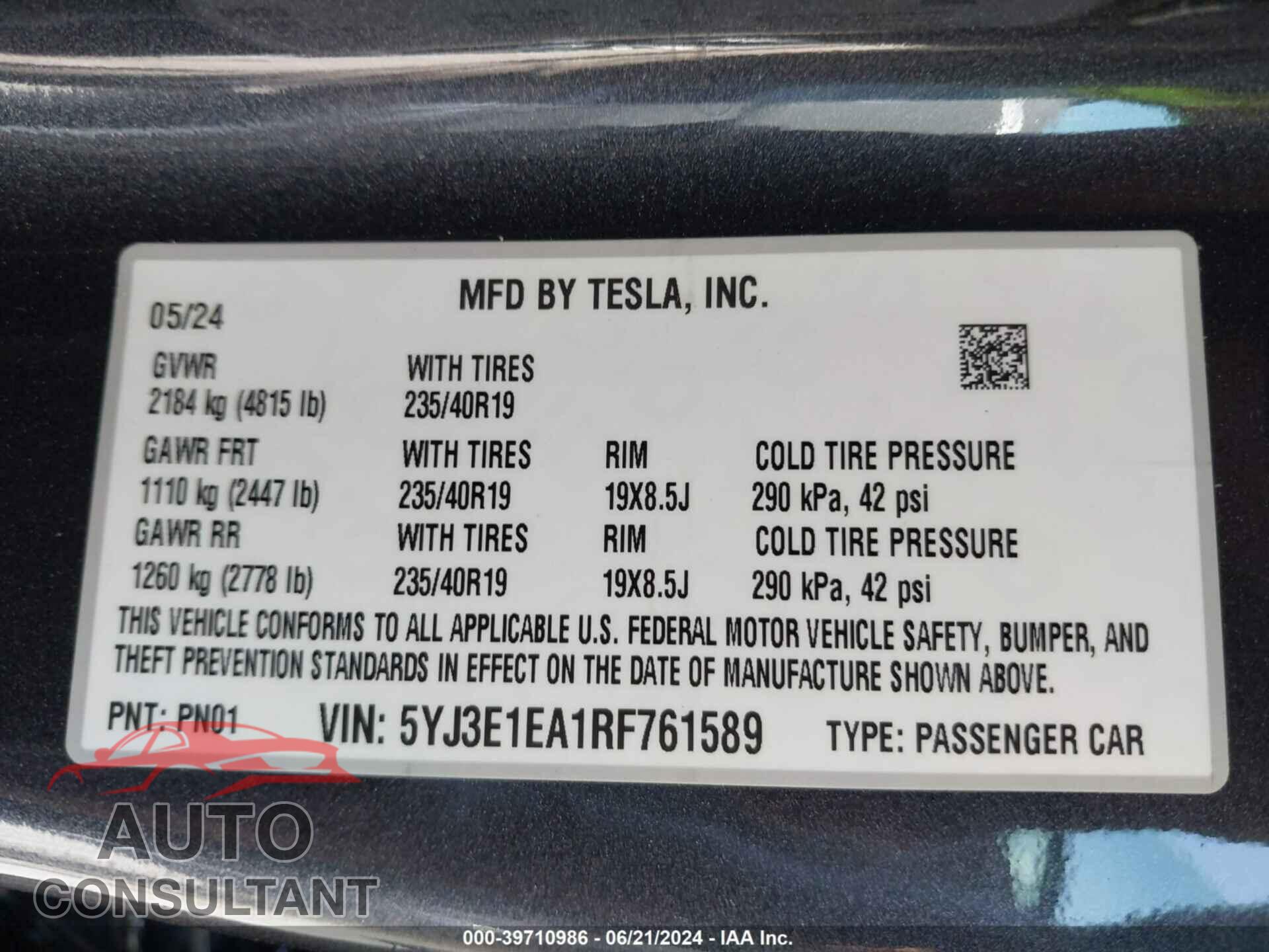 TESLA MODEL 3 2024 - 5YJ3E1EA1RF761589