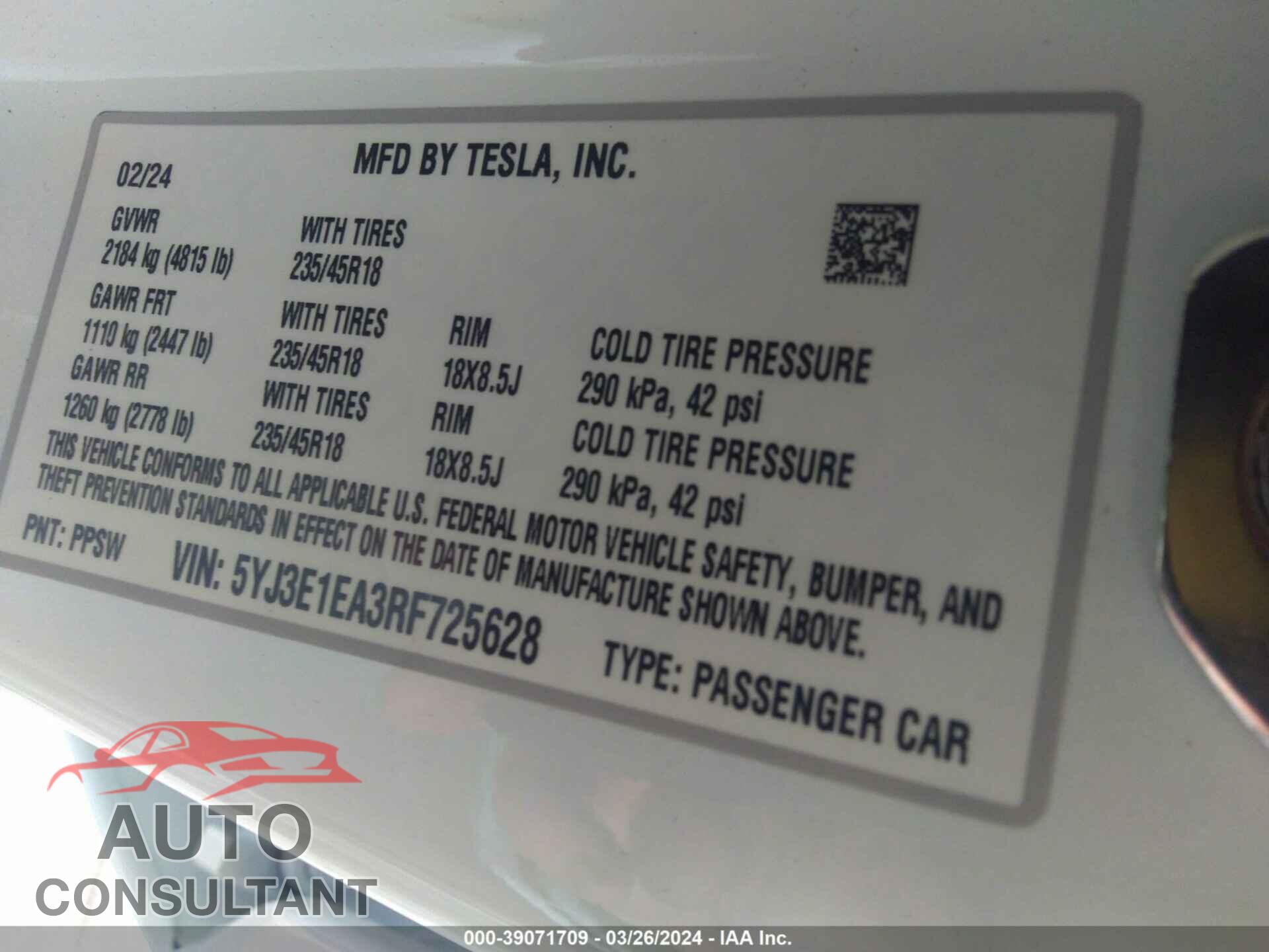 TESLA MODEL 3 2024 - 5YJ3E1EA3RF725628