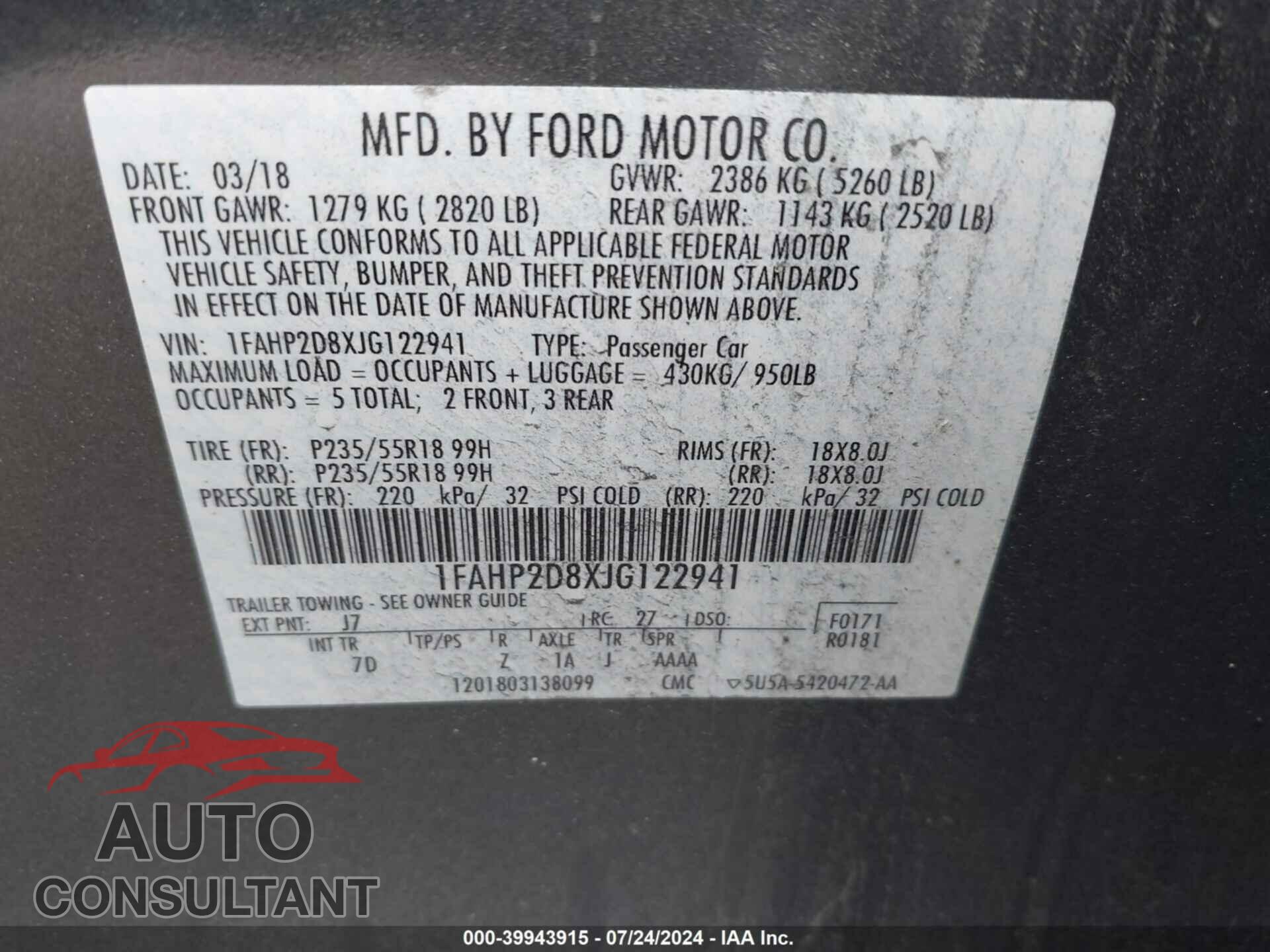 FORD TAURUS 2018 - 1FAHP2D8XJG122941