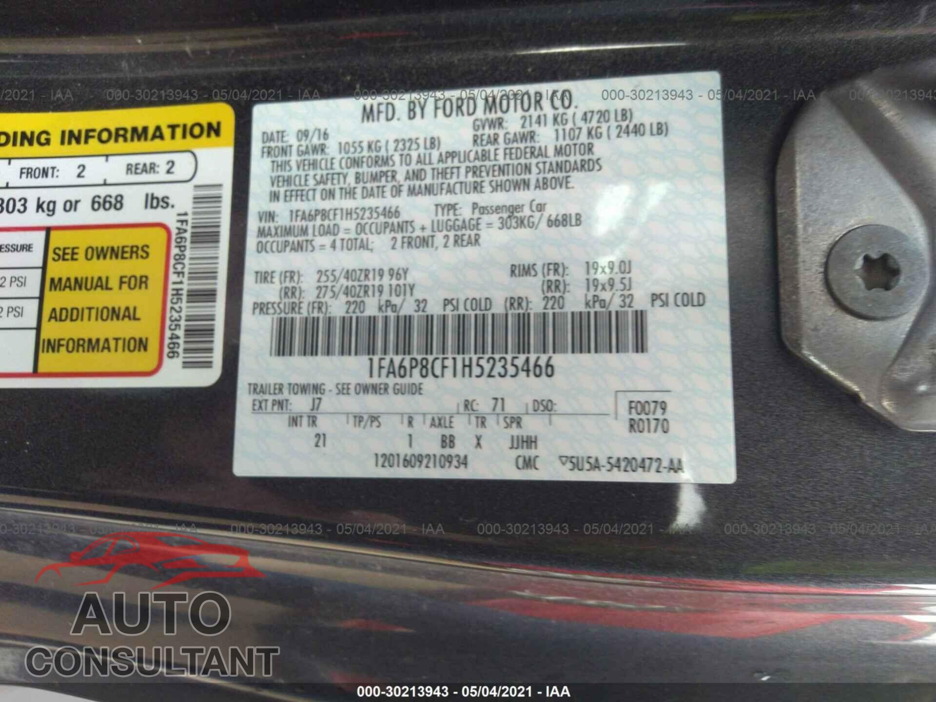 FORD MUSTANG 2017 - 1FA6P8CF1H5235466