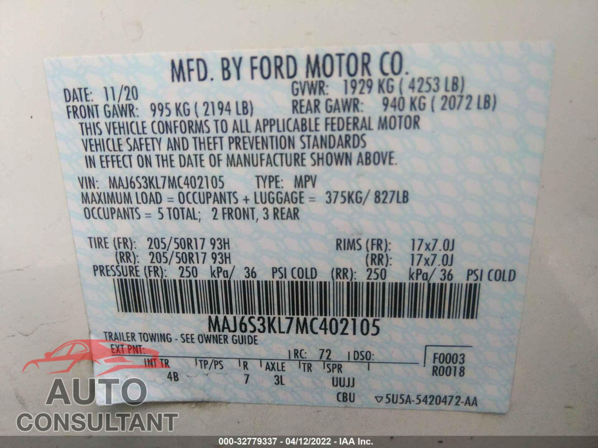 FORD ECOSPORT 2021 - MAJ6S3KL7MC402105