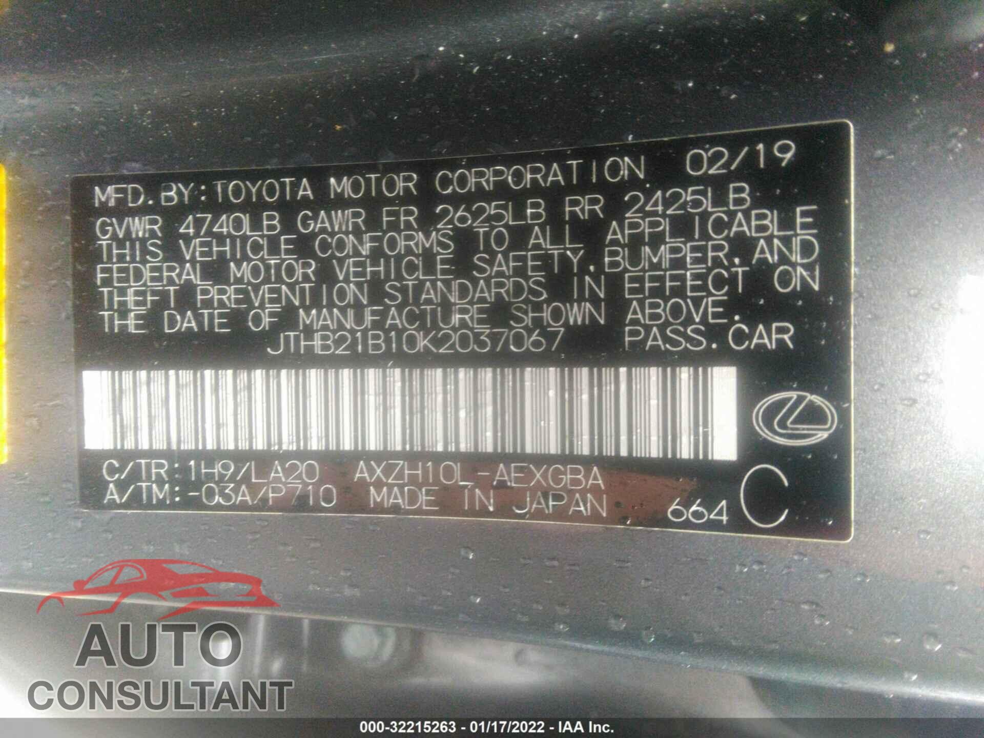 LEXUS ES 2019 - JTHB21B10K2037067