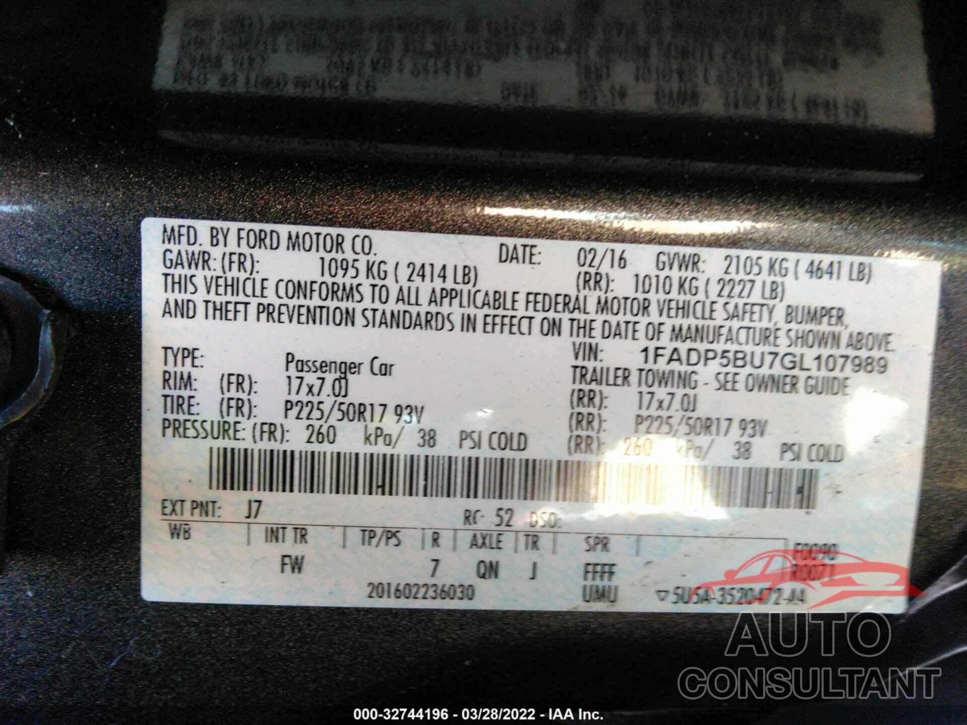 FORD C-MAX HYBRID 2016 - 1FADP5BU7GL107989