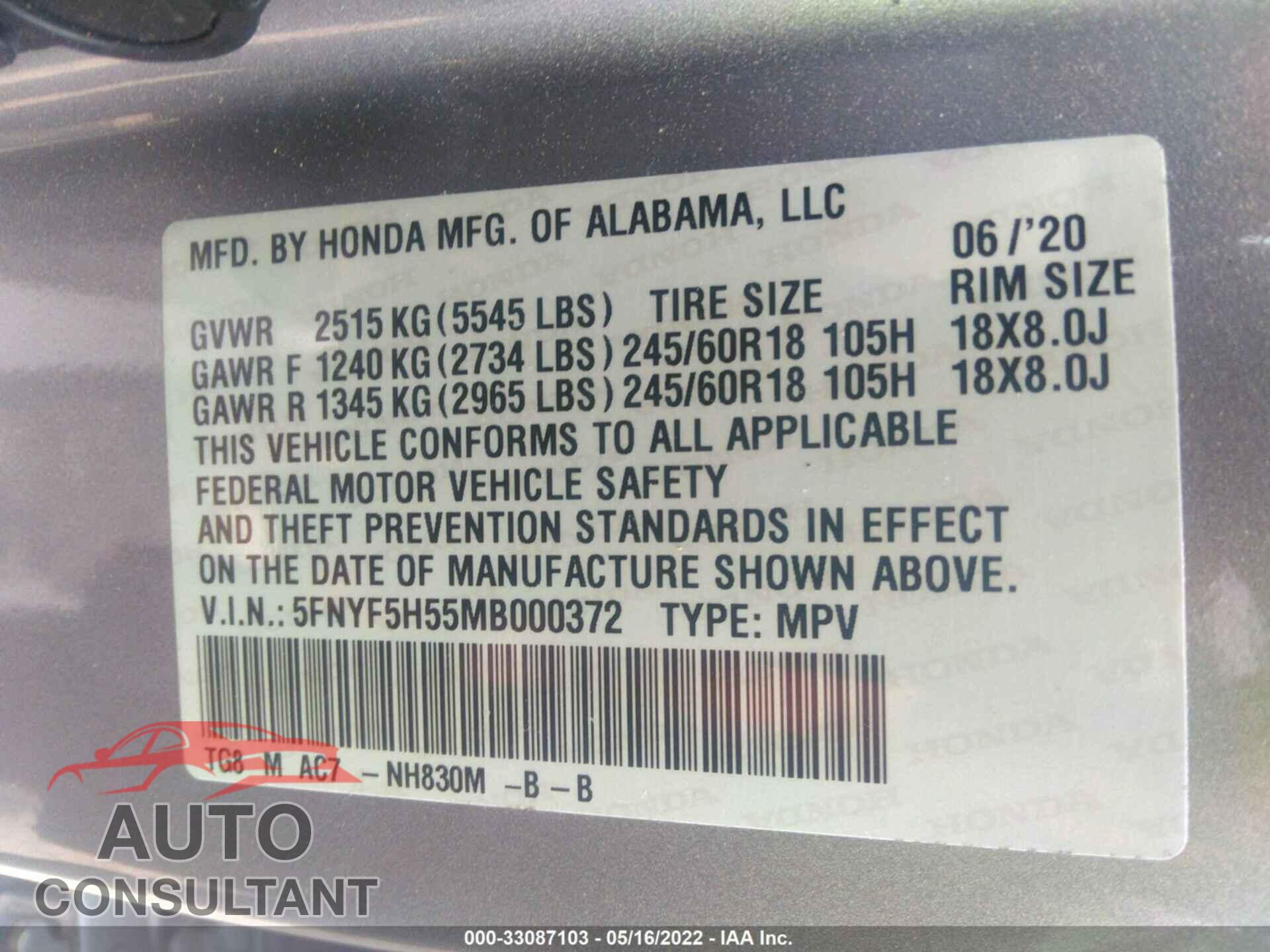 HONDA PILOT 2021 - 5FNYF5H55MB000372