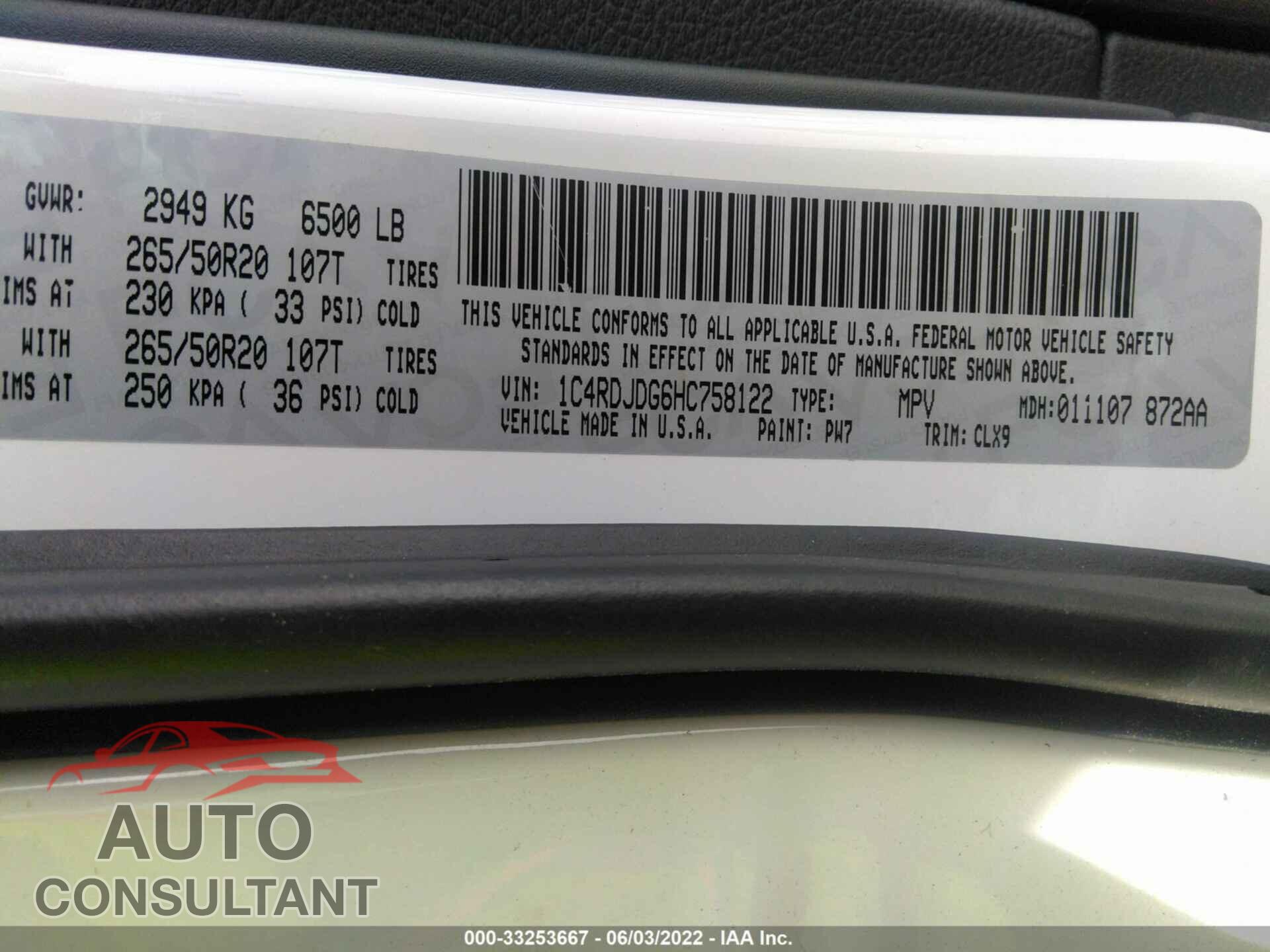 DODGE DURANGO 2017 - 1C4RDJDG6HC758122