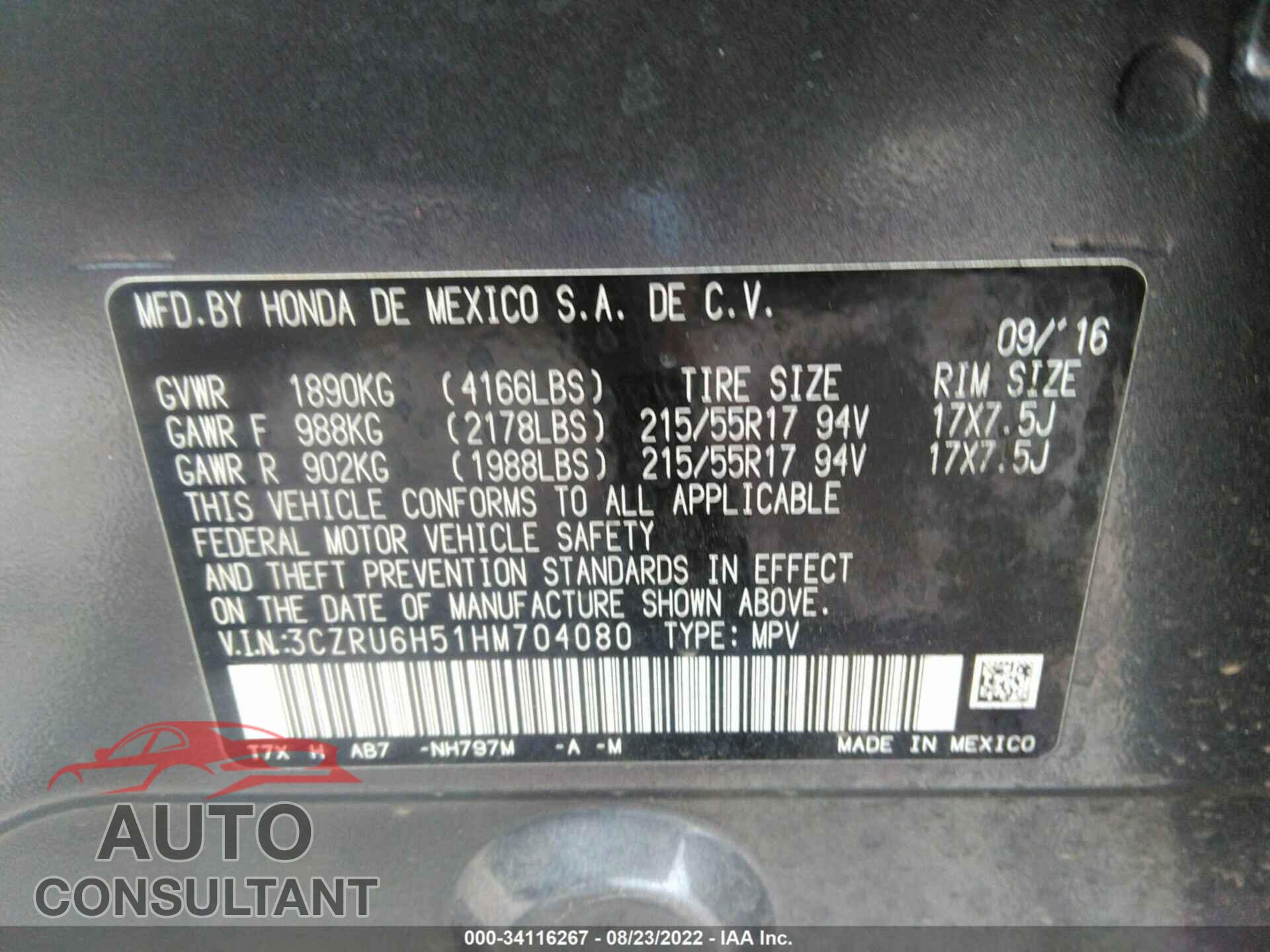 HONDA HR-V 2017 - 3CZRU6H51HM704080