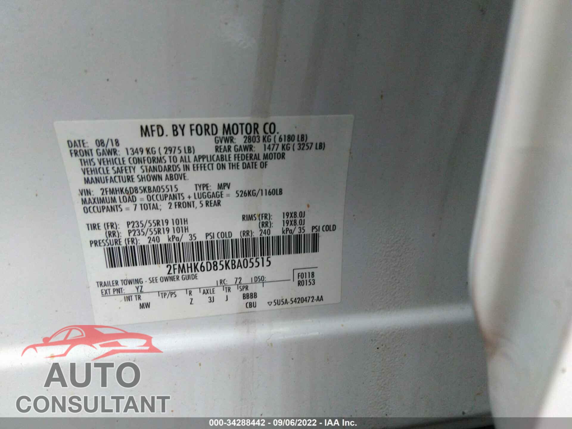 FORD FLEX 2019 - 2FMHK6D85KBA05515