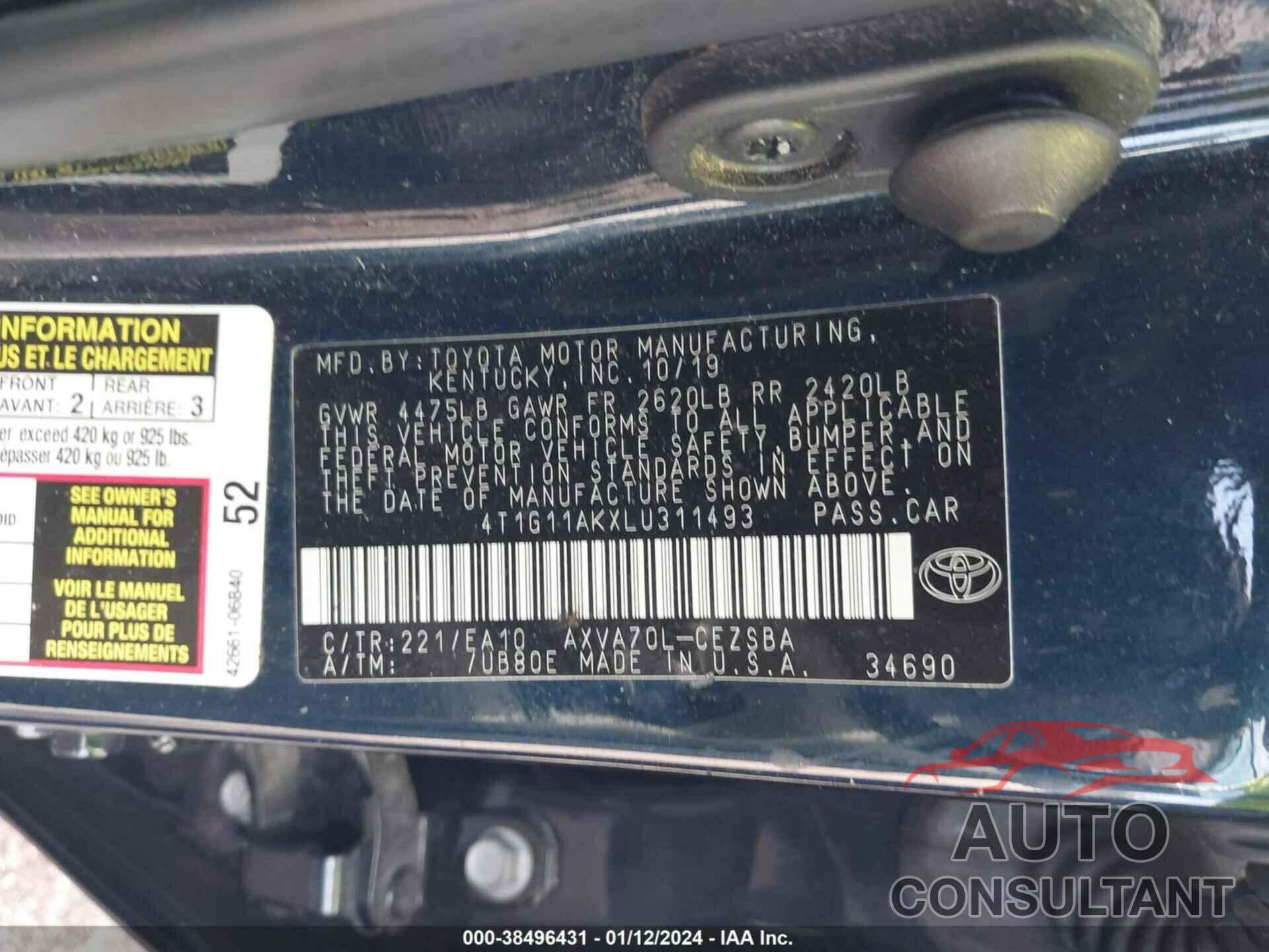 TOYOTA CAMRY 2020 - 4T1G11AKXLU311493