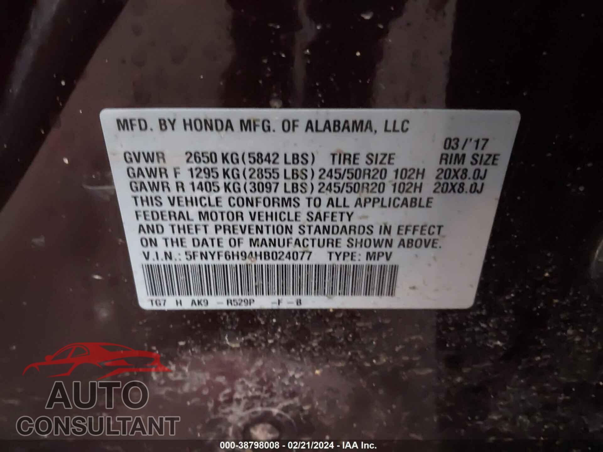 HONDA PILOT 2017 - 5FNYF6H94HB024077