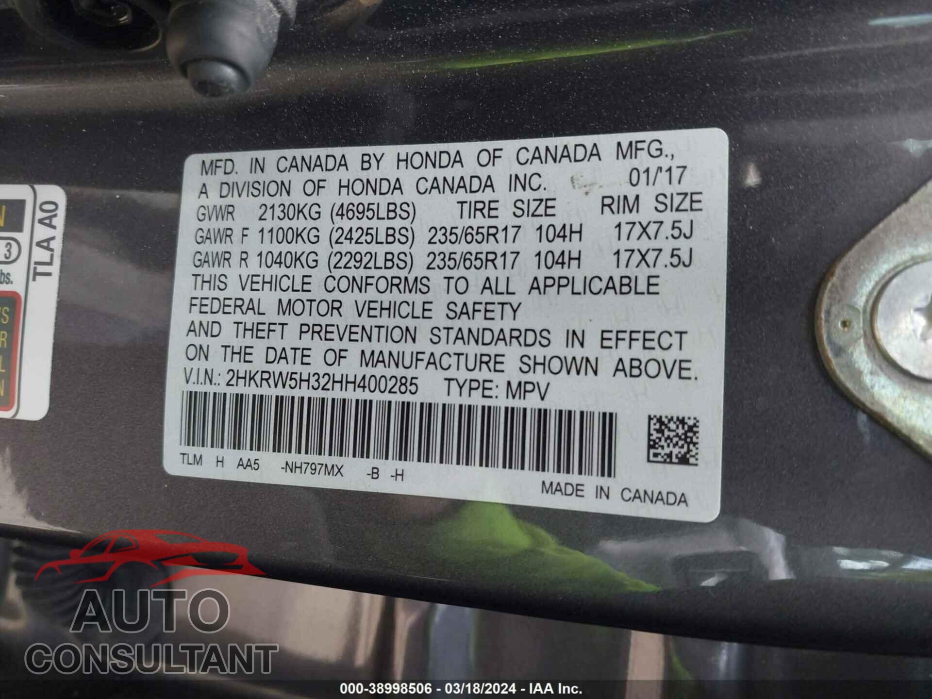 HONDA CR-V 2017 - 2HKRW5H32HH400285
