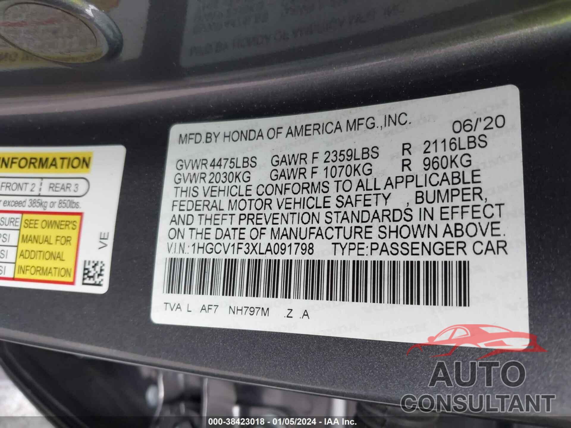 HONDA ACCORD 2020 - 1HGCV1F3XLA091798