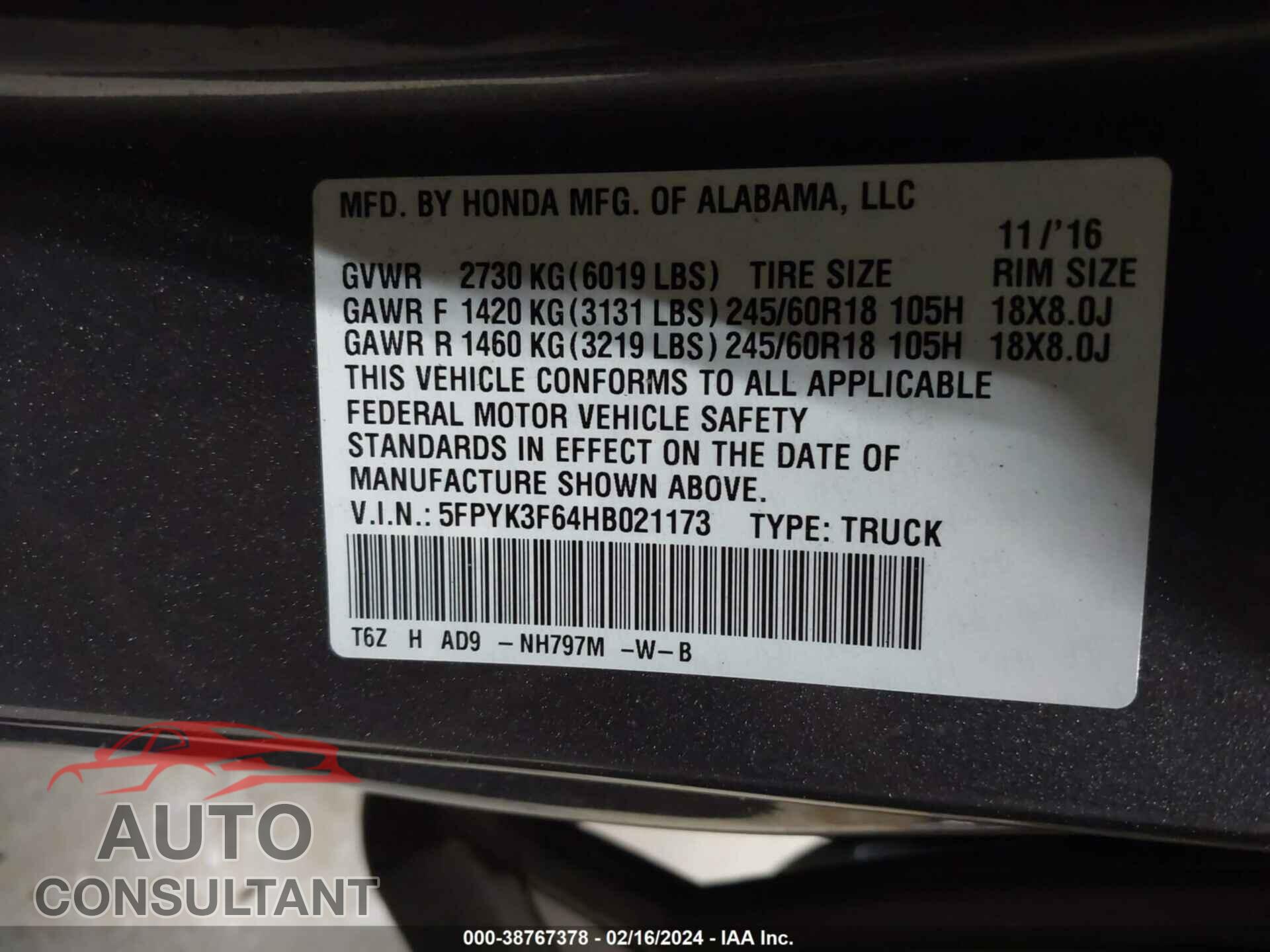 HONDA RIDGELINE 2017 - 5FPYK3F64HB021173