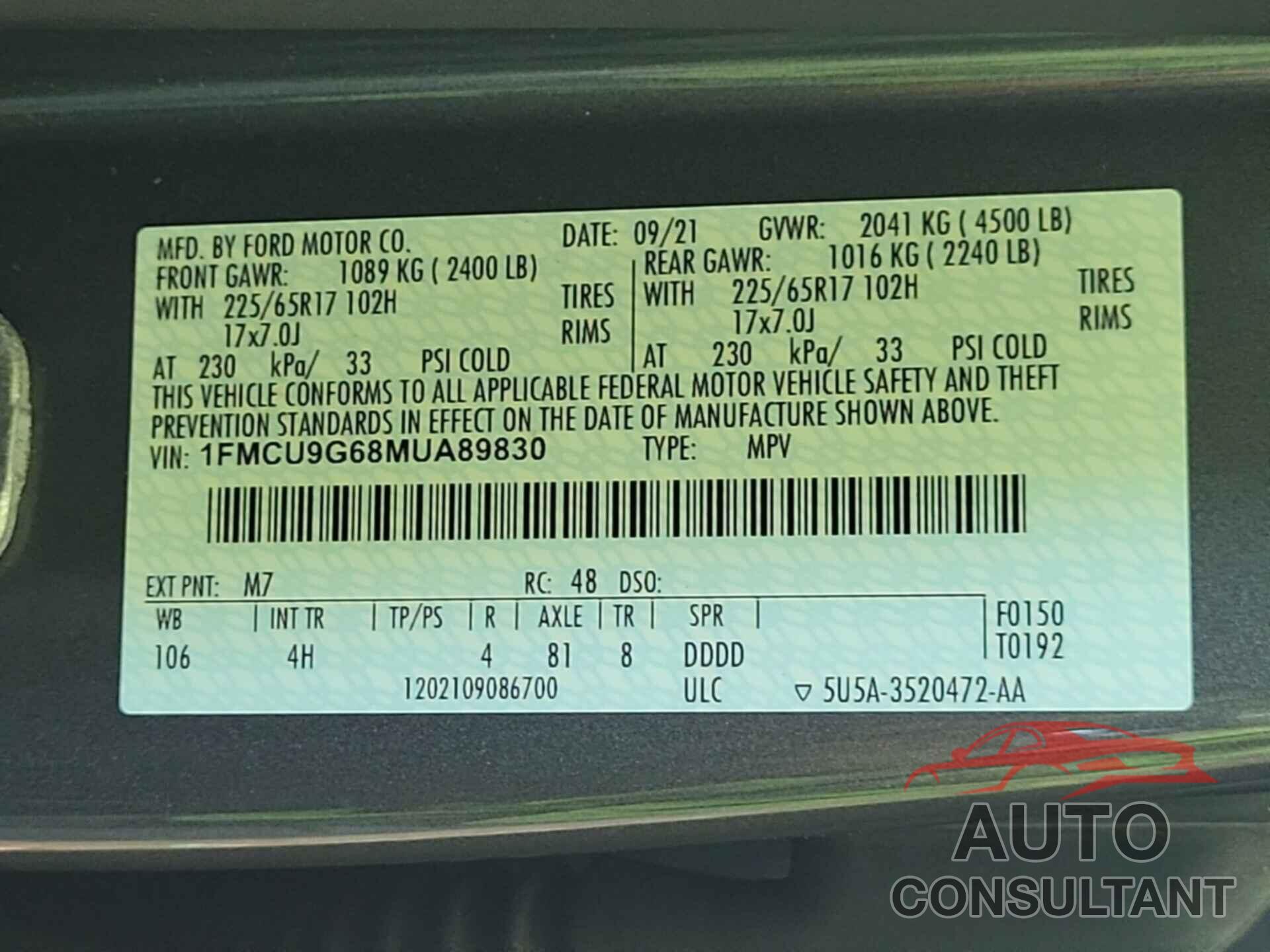 FORD ESCAPE 2021 - 1FMCU9G68MUA89830