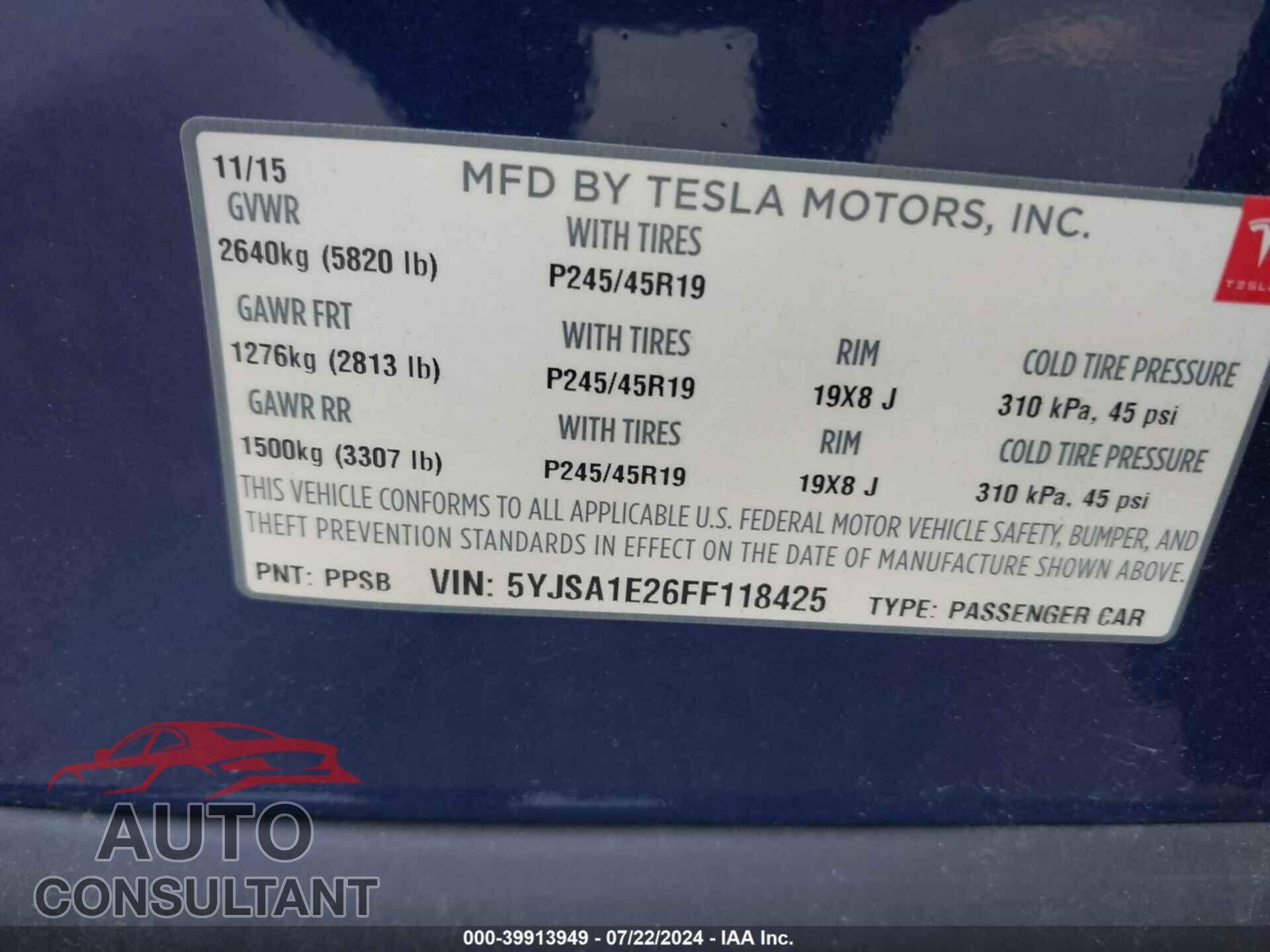 TESLA MODEL S 2015 - 5YJSA1E26FF118425