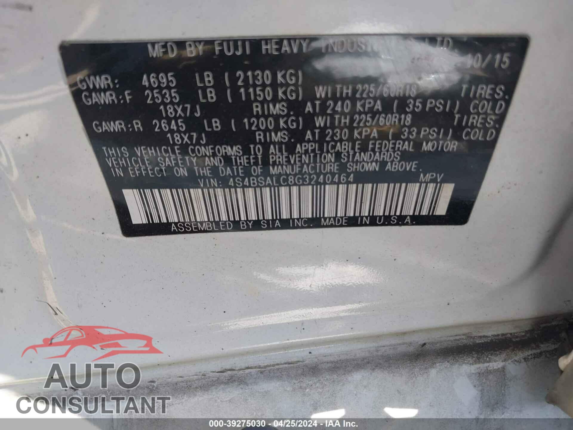 SUBARU OUTBACK 2016 - 4S4BSALC8G3240464