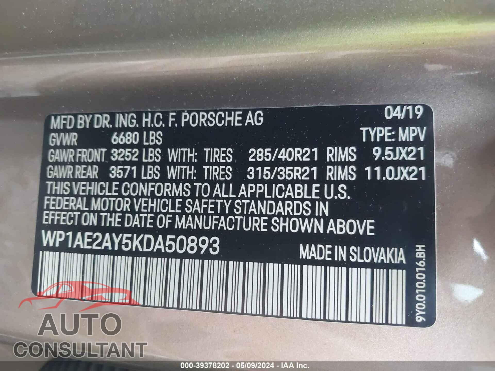 PORSCHE CAYENNE 2019 - WP1AE2AY5KDA50893
