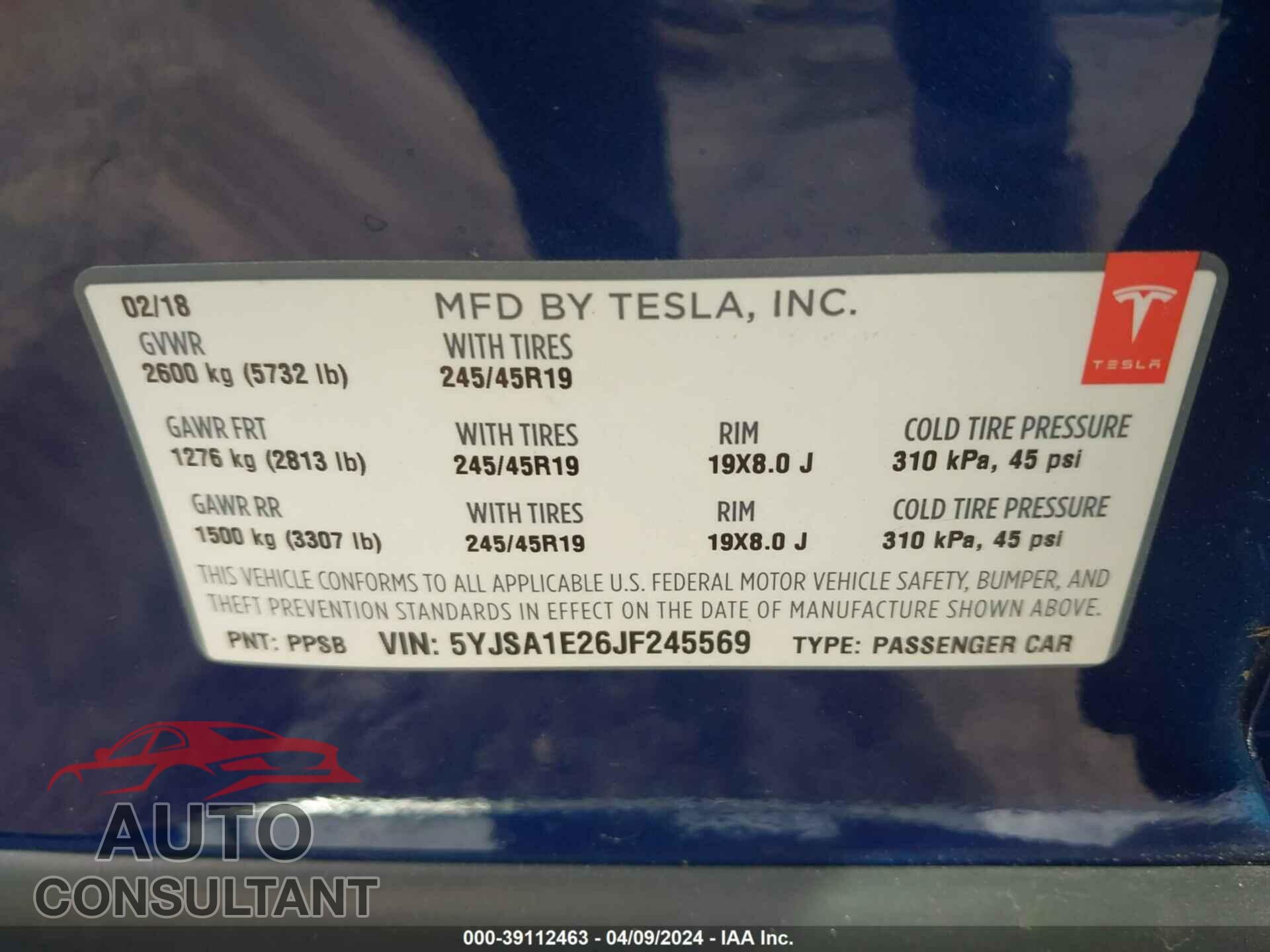TESLA MODEL S 2018 - 5YJSA1E26JF245569