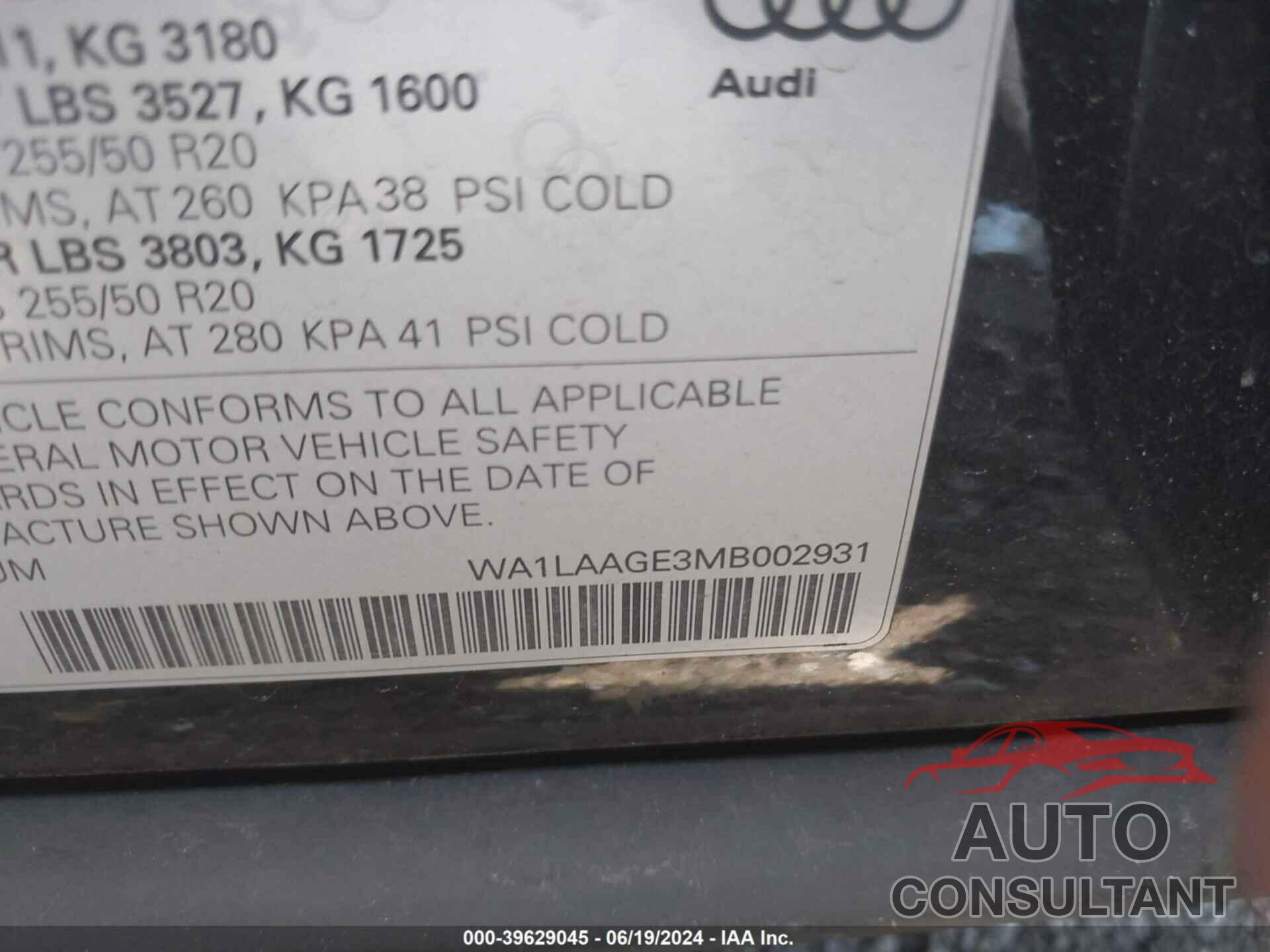 AUDI E-TRON 2021 - WA1LAAGE3MB002931