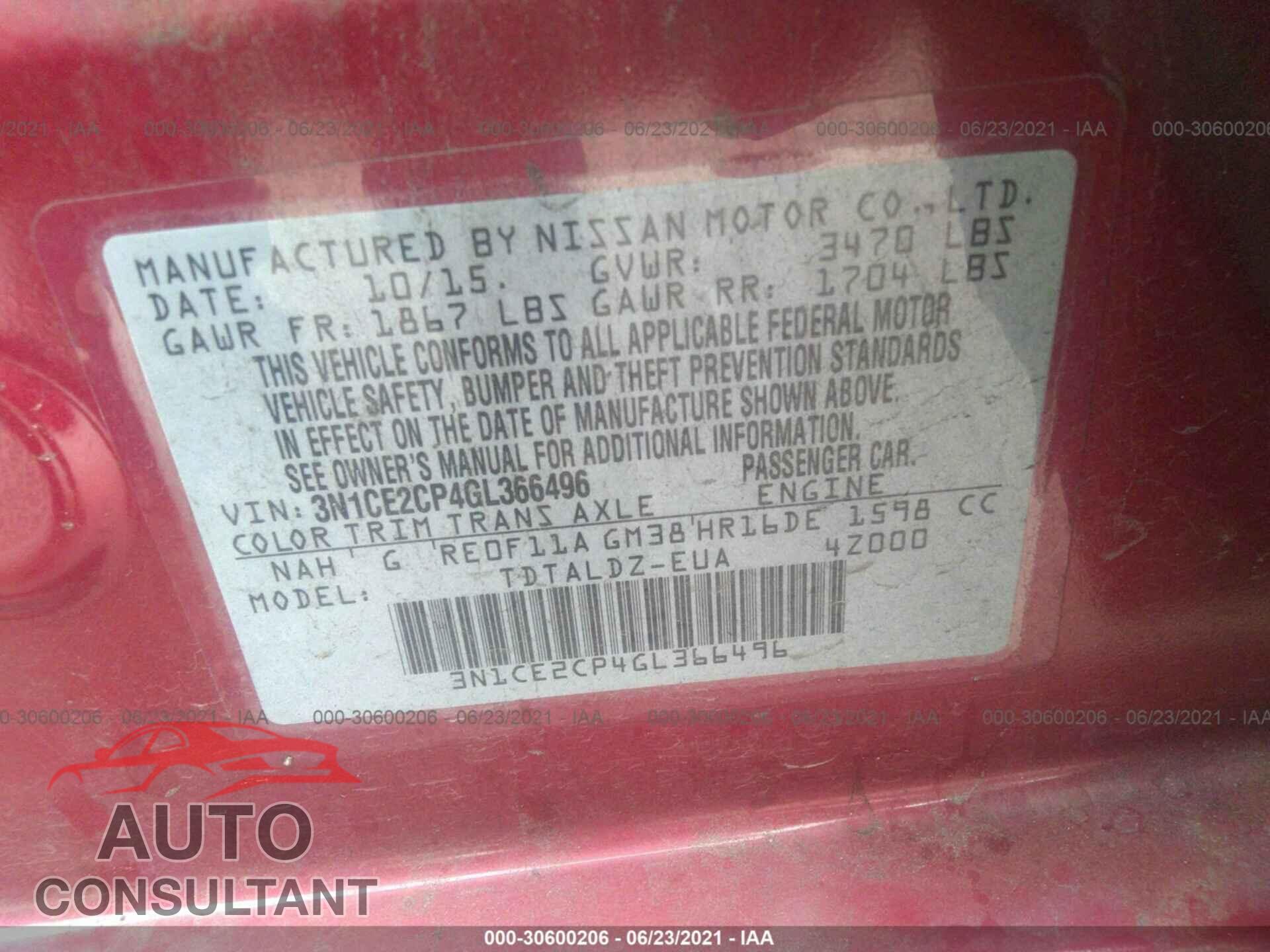 NISSAN VERSA NOTE 2016 - 3N1CE2CP4GL366496