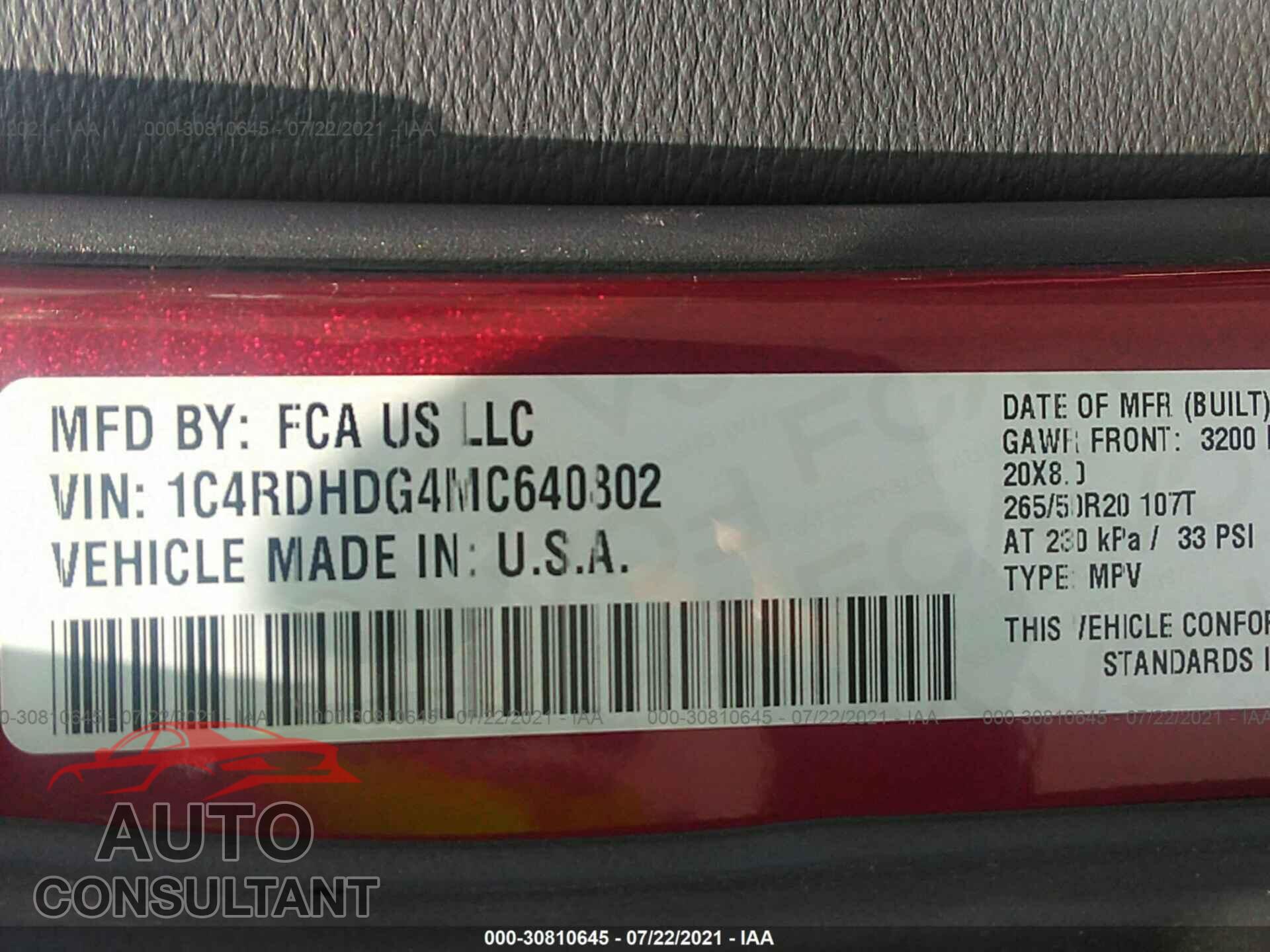DODGE DURANGO 2021 - 1C4RDHDG4MC640802
