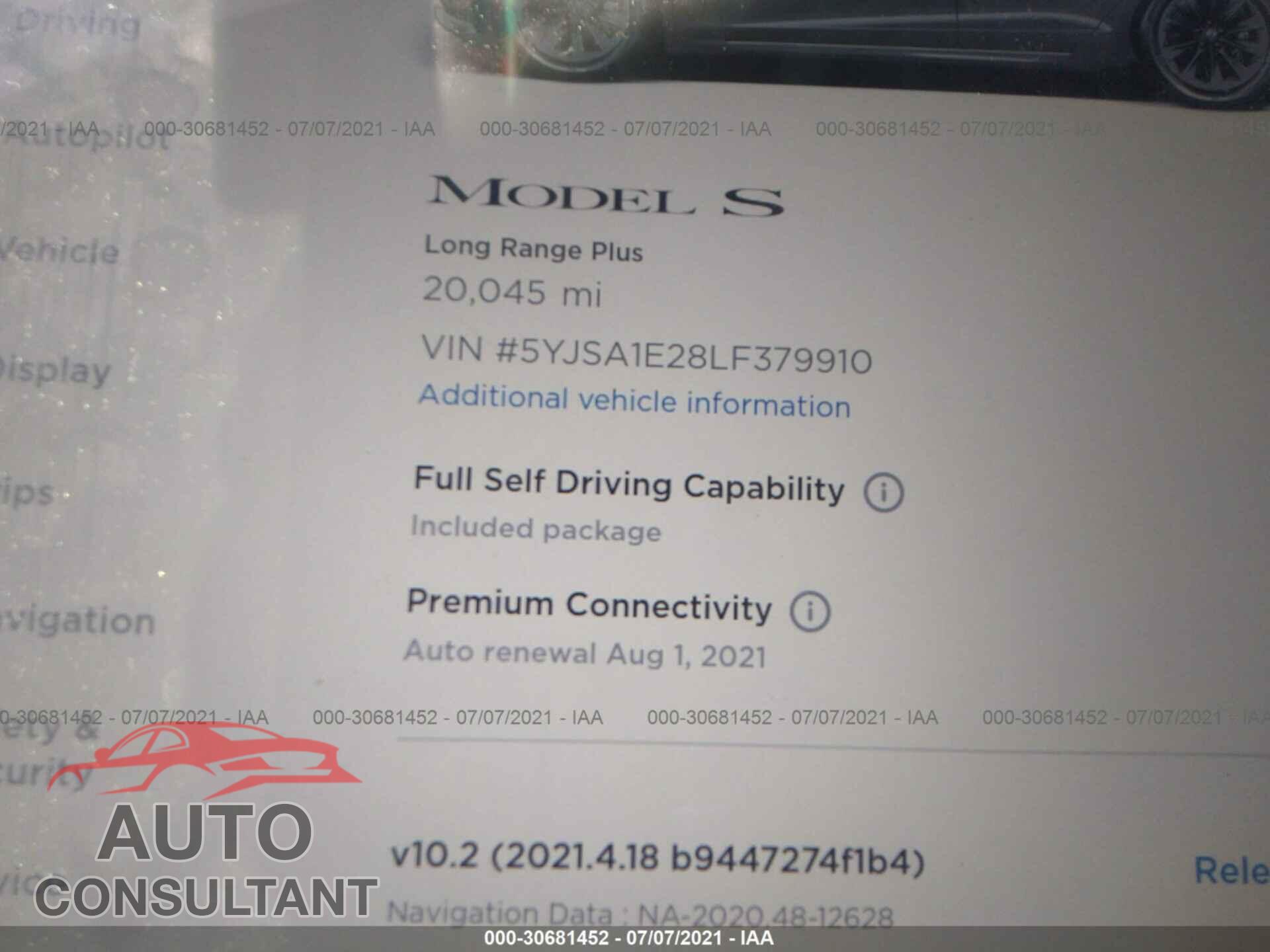 TESLA MODEL S 2020 - 5YJSA1E28LF379910