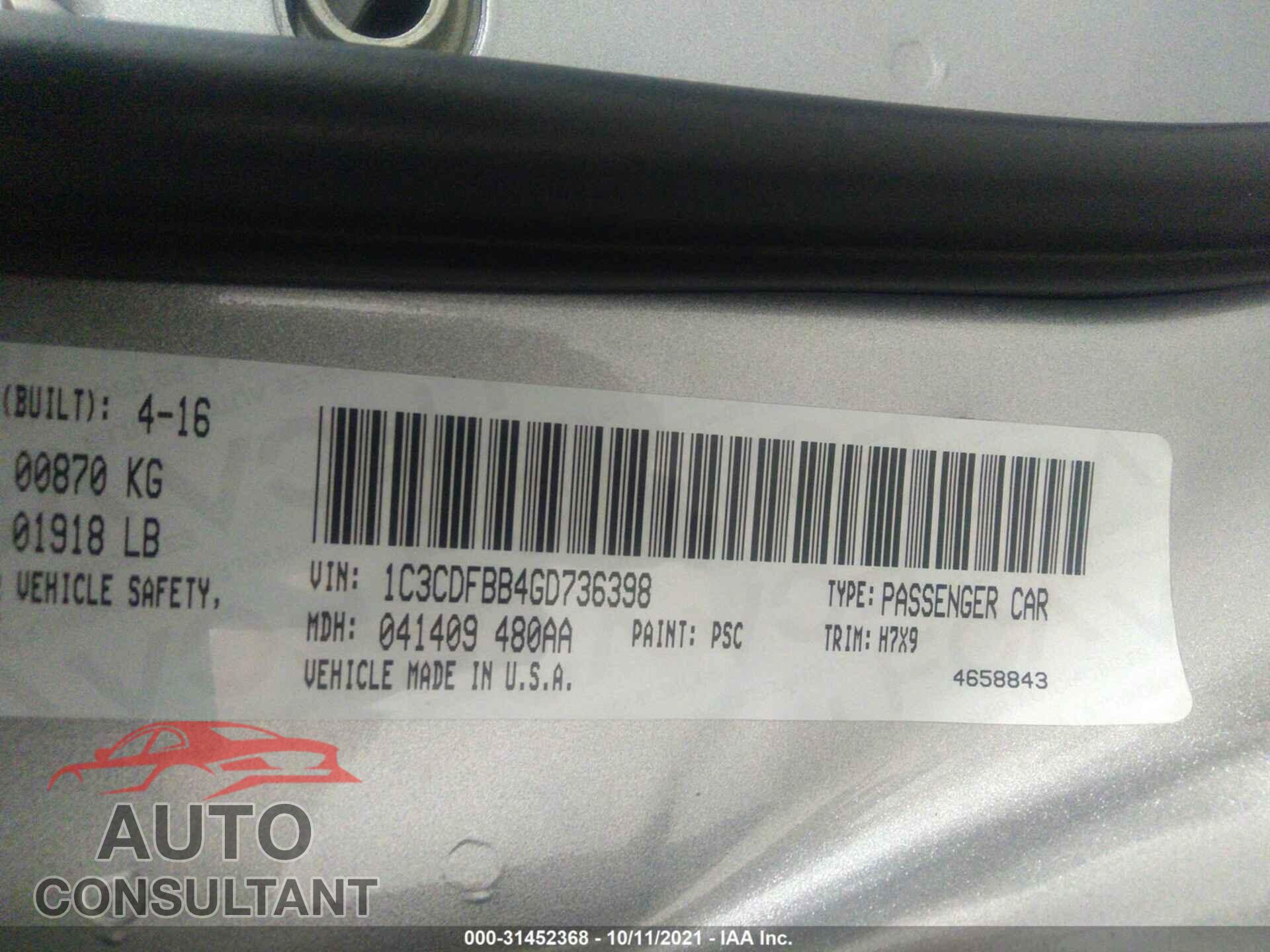 DODGE DART 2016 - 1C3CDFBB4GD736398