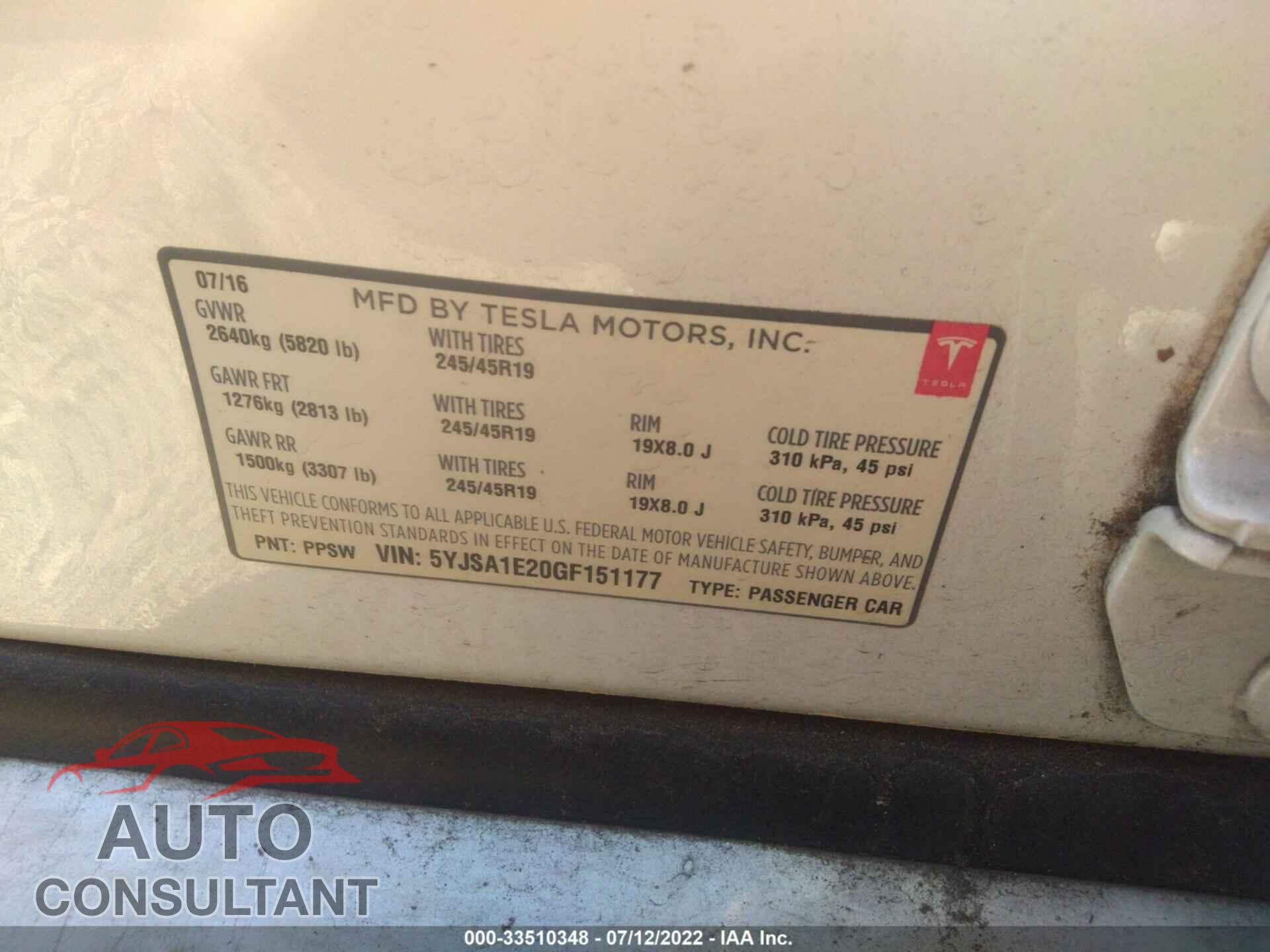 TESLA MODEL S 2016 - 5YJSA1E20GF151177
