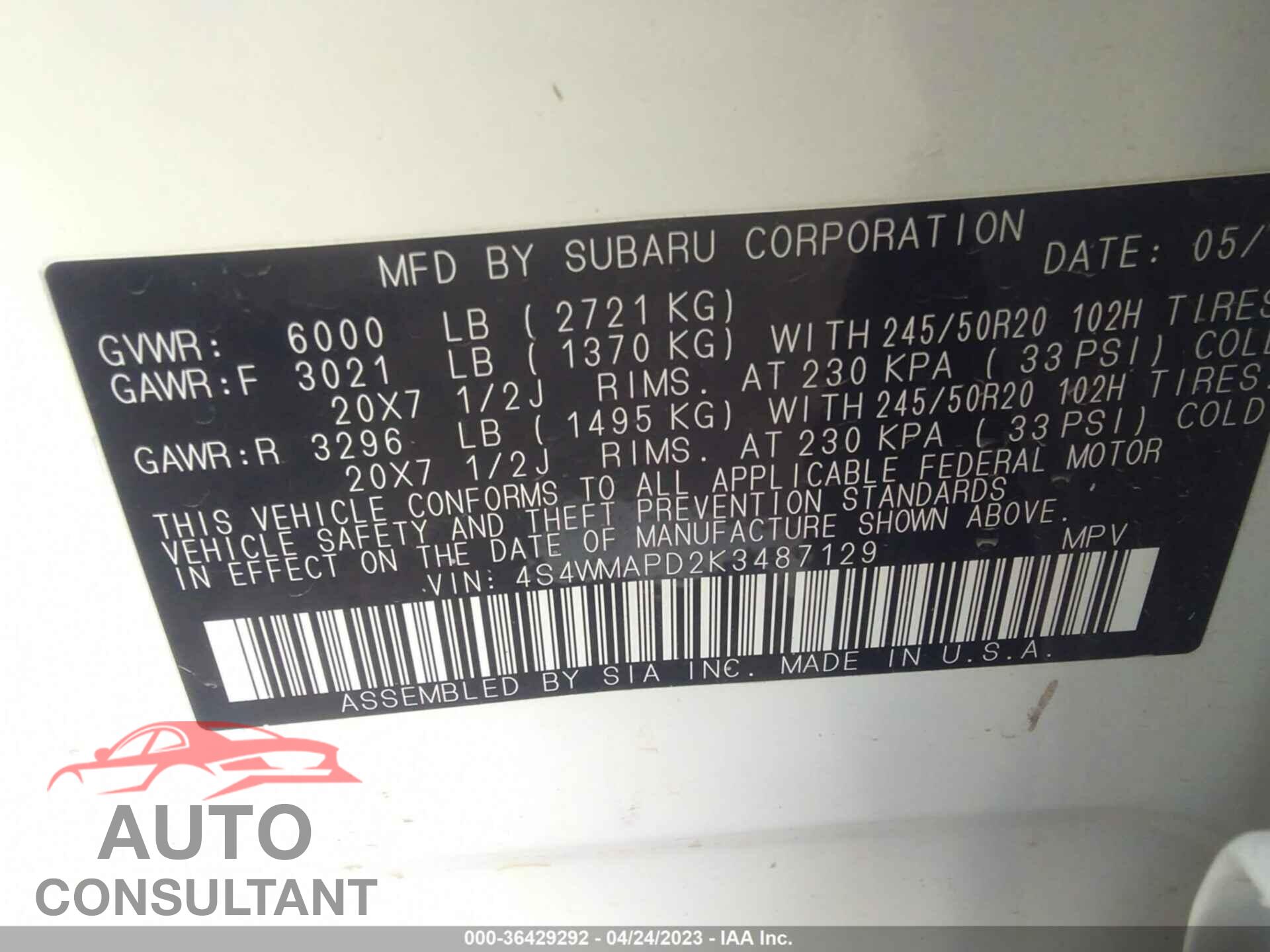SUBARU ASCENT 2019 - 4S4WMAPD2K3487129