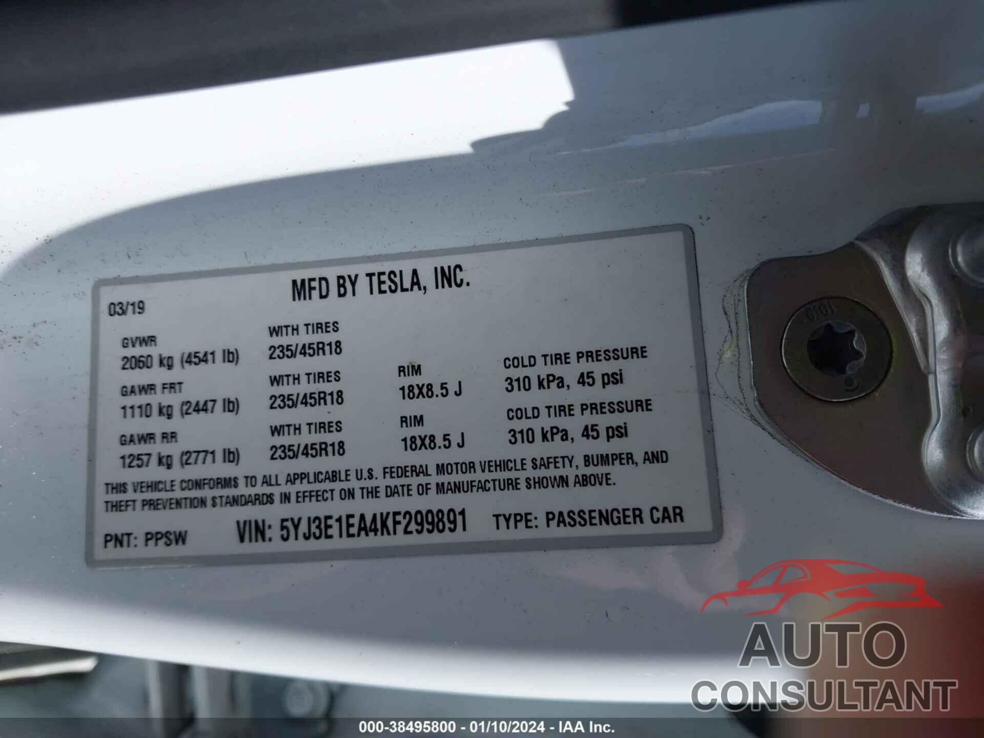 TESLA MODEL 3 2019 - 5YJ3E1EA4KF299891