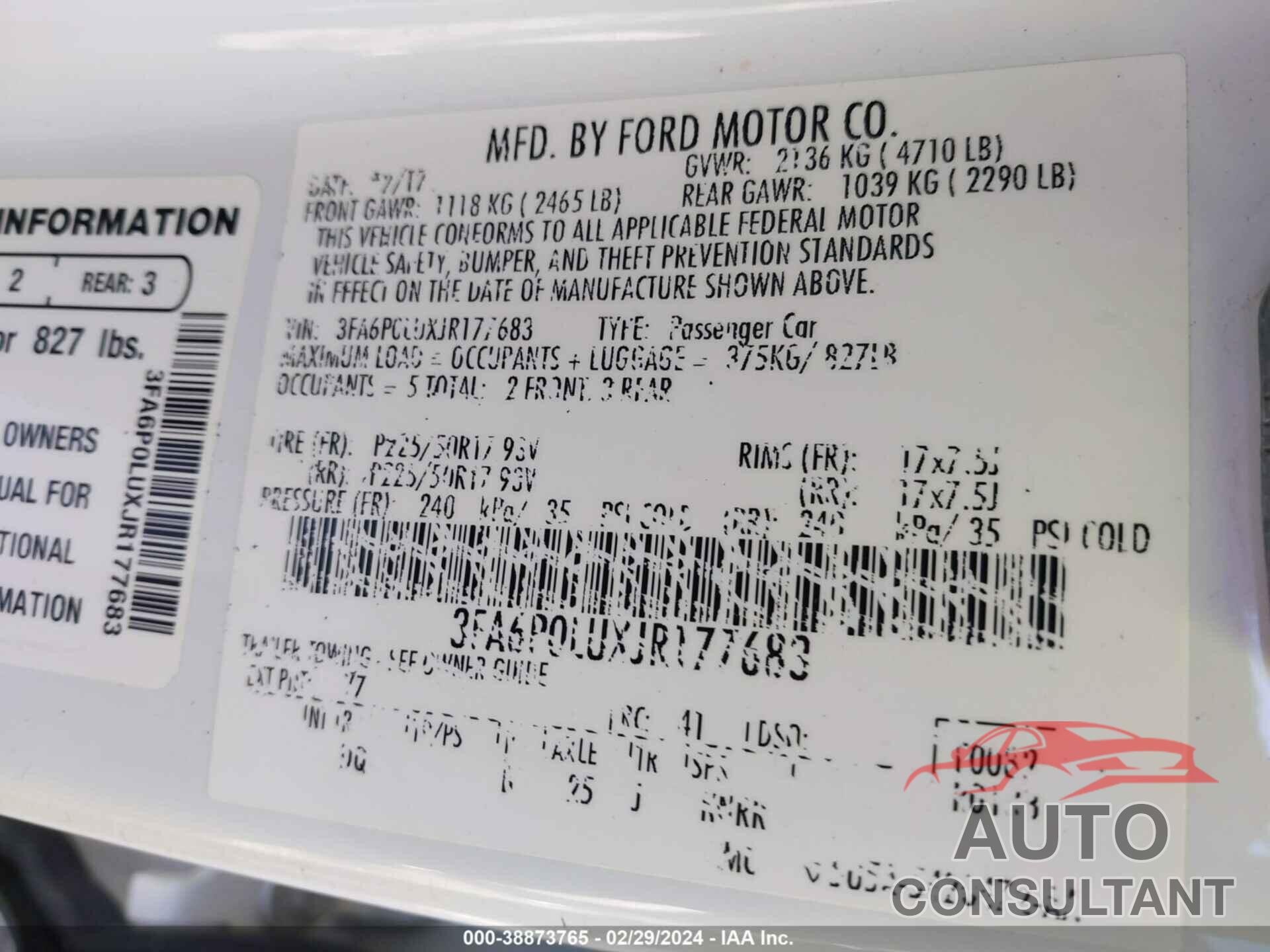 FORD FUSION HYBRID 2018 - 3FA6P0LUXJR177683