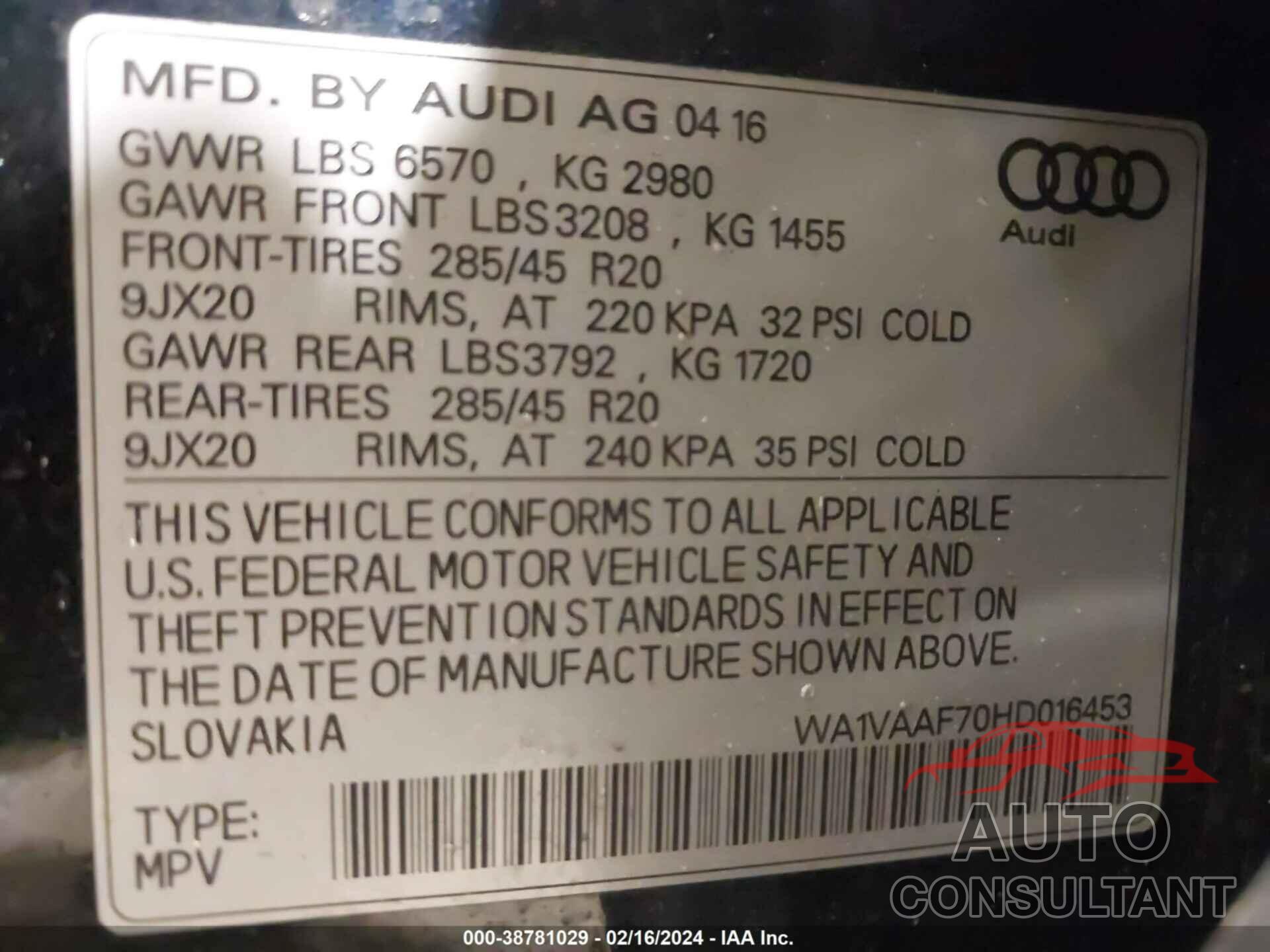 AUDI Q7 2017 - WA1VAAF70HD016453