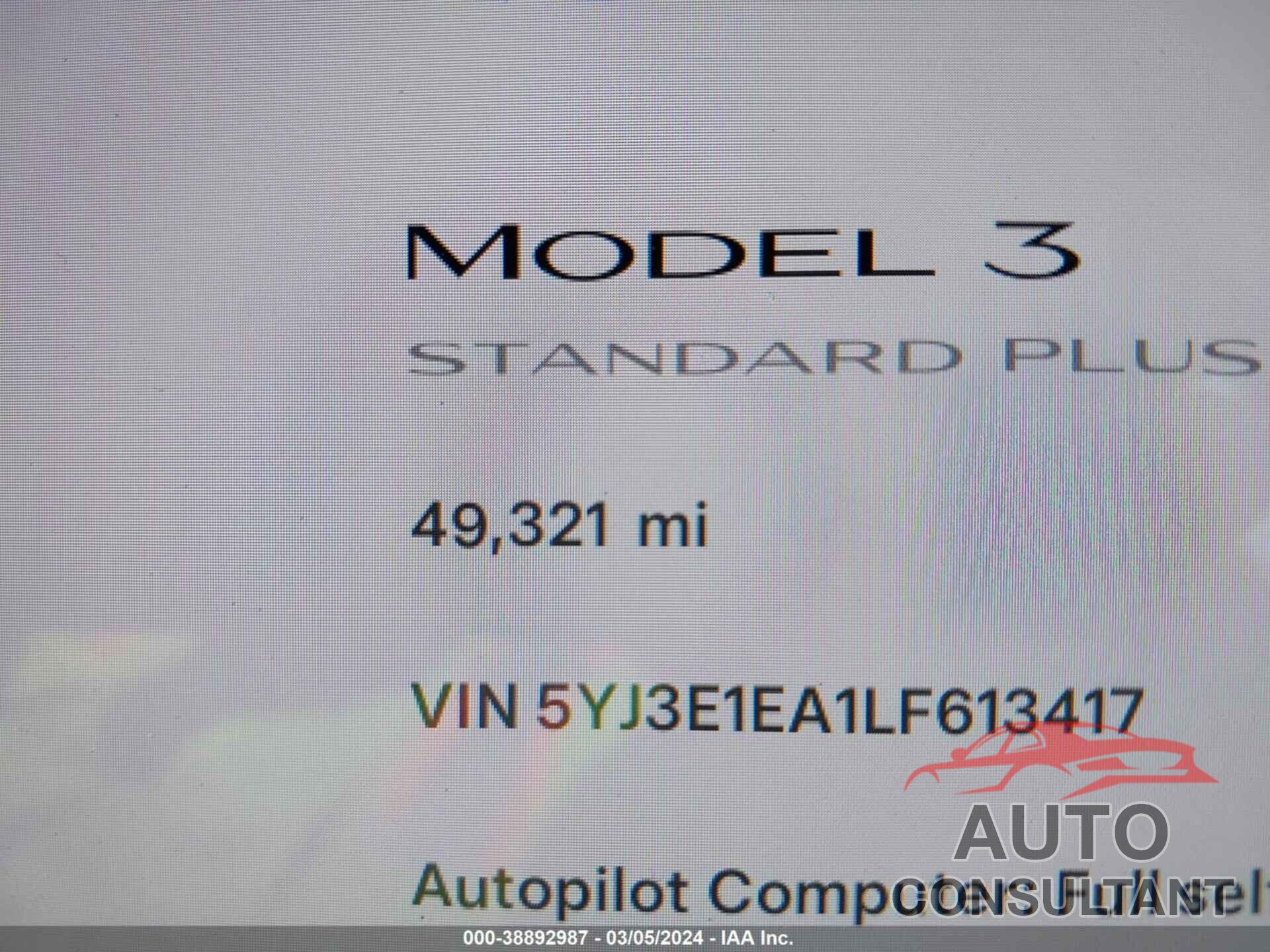 TESLA MODEL 3 2020 - 5YJ3E1EA1LF613417