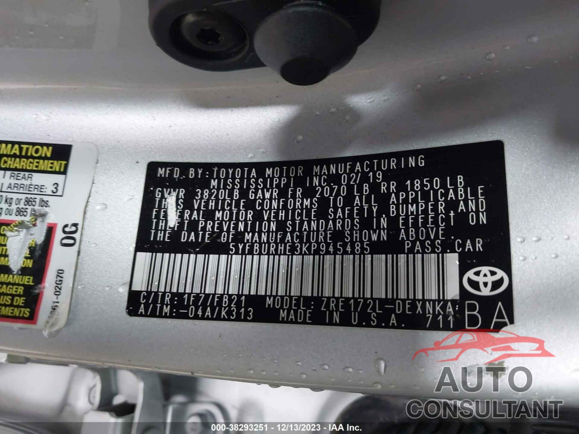 TOYOTA COROLLA 2019 - 5YFBURHE3KP945485