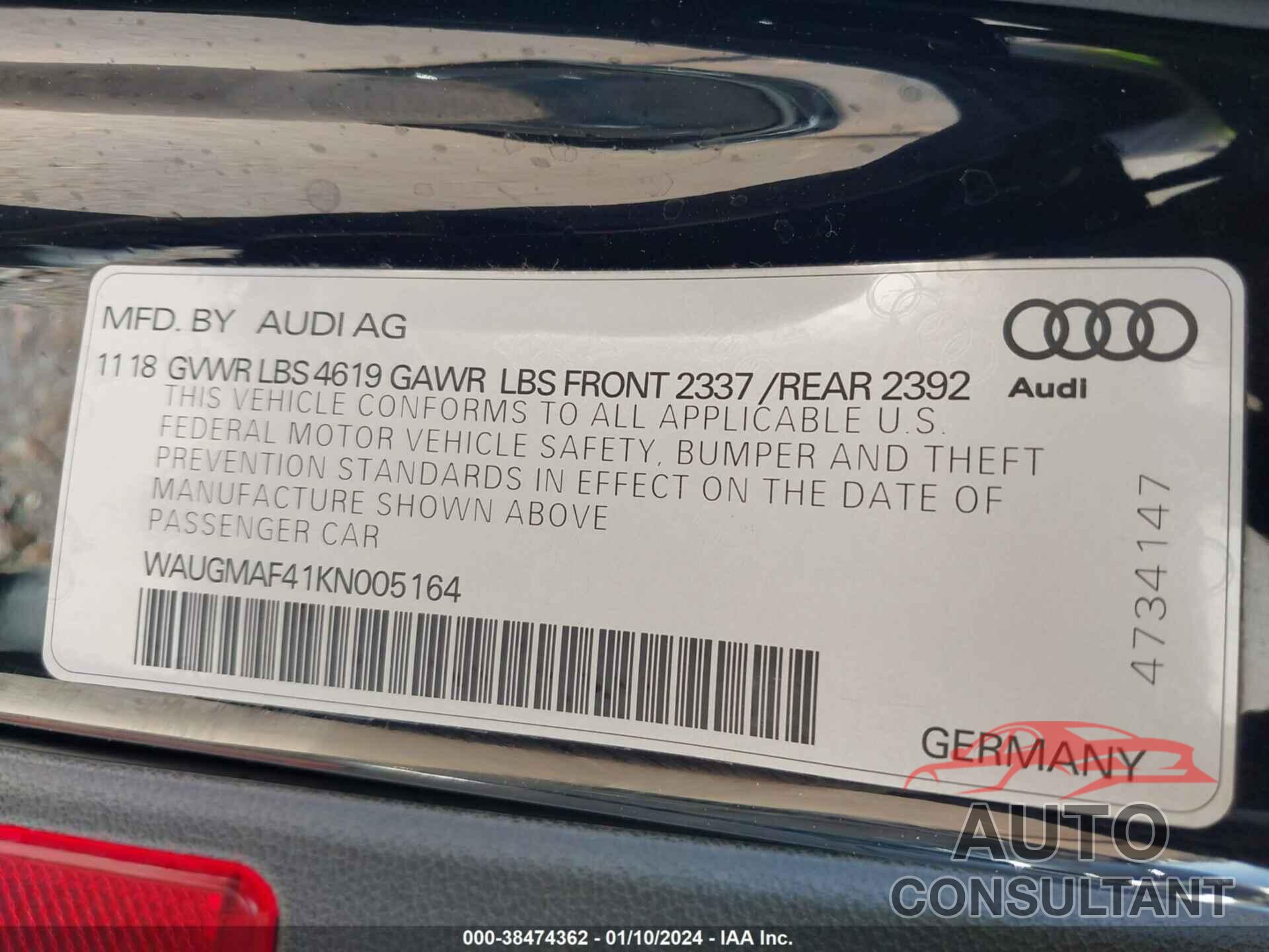 AUDI A4 2019 - WAUGMAF41KN005164