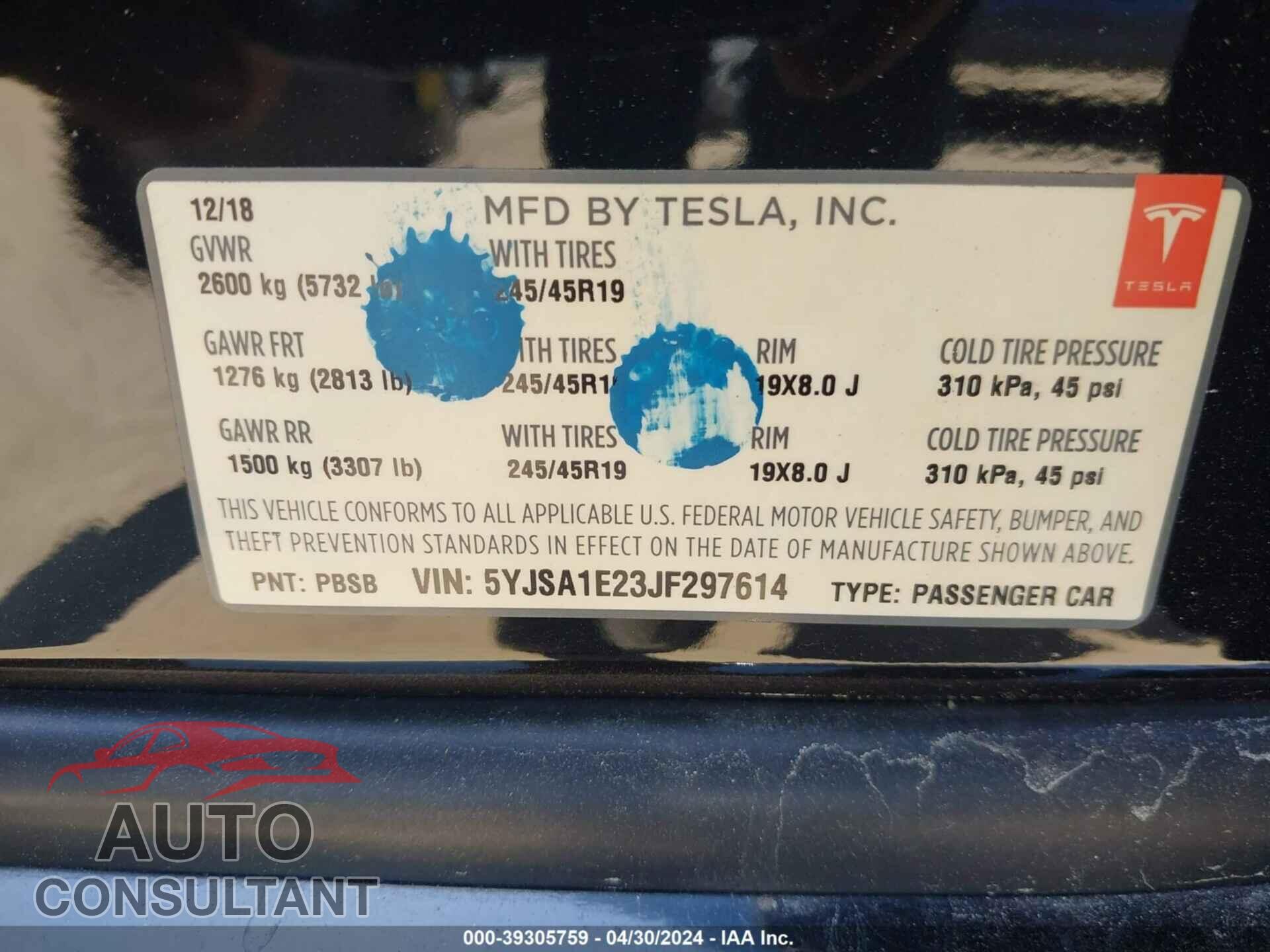 TESLA MODEL S 2018 - 5YJSA1E23JF297614