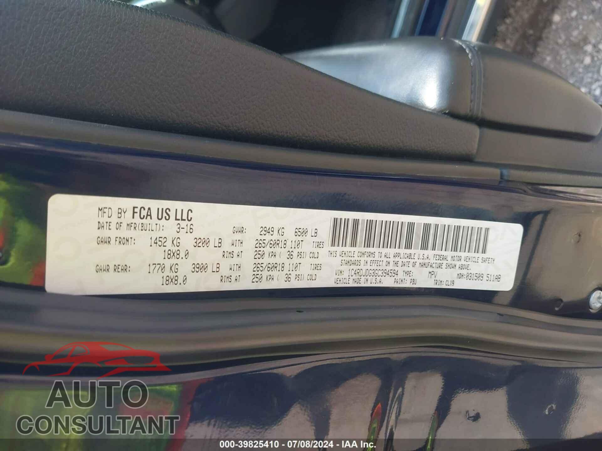 DODGE DURANGO 2016 - 1C4RDJDG3GC394594