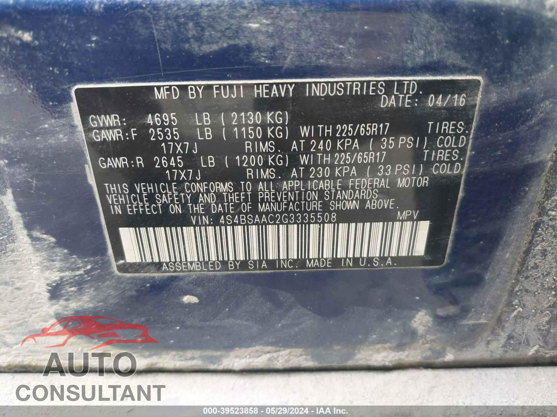 SUBARU OUTBACK 2016 - 4S4BSAAC2G3335508