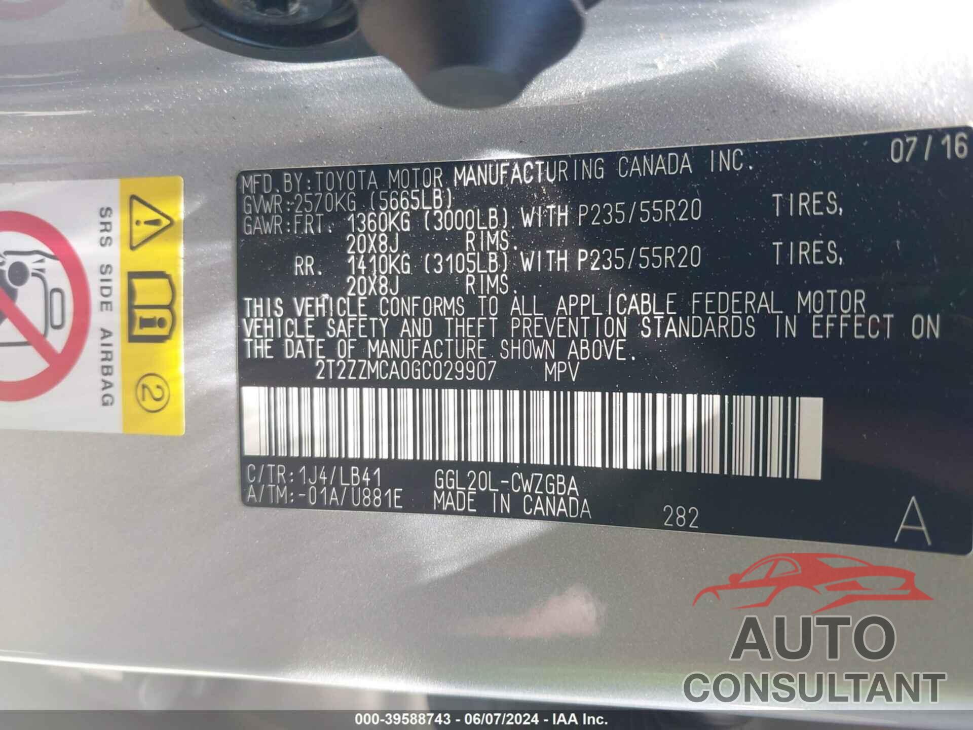 LEXUS RX 350 2016 - 2T2ZZMCA0GC029907
