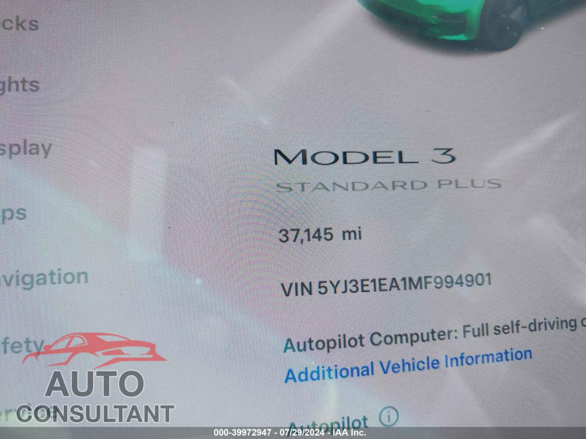 TESLA MODEL 3 2021 - 5YJ3E1EA1MF994901