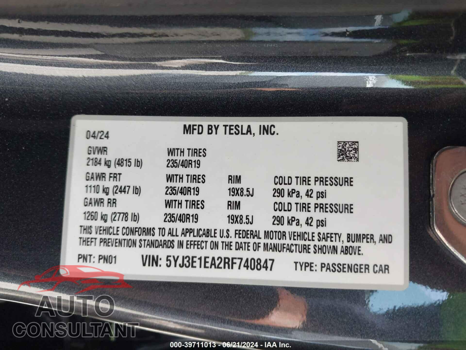 TESLA MODEL 3 2024 - 5YJ3E1EA2RF740847