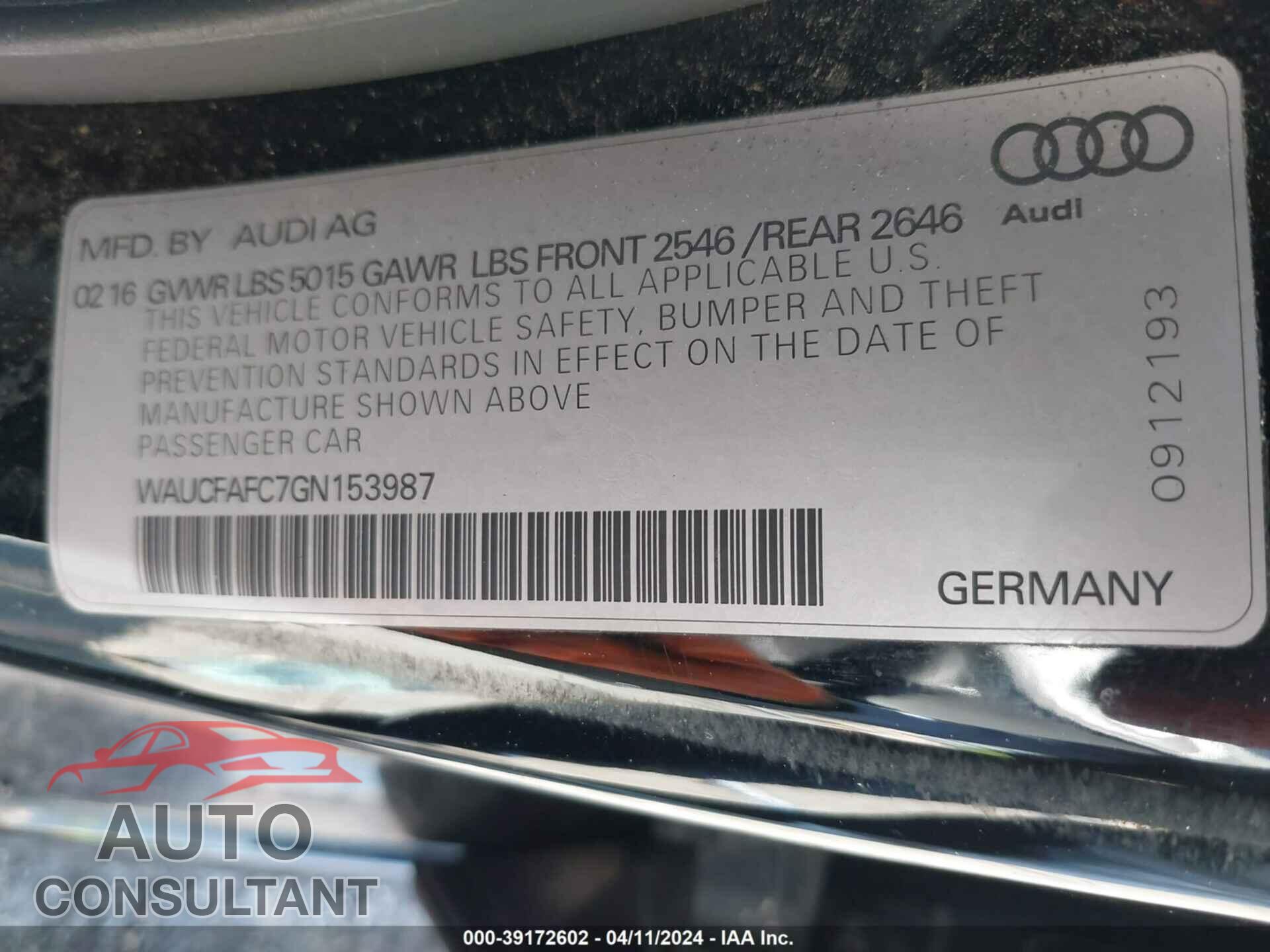 AUDI A6 2016 - WAUCFAFC7GN153987