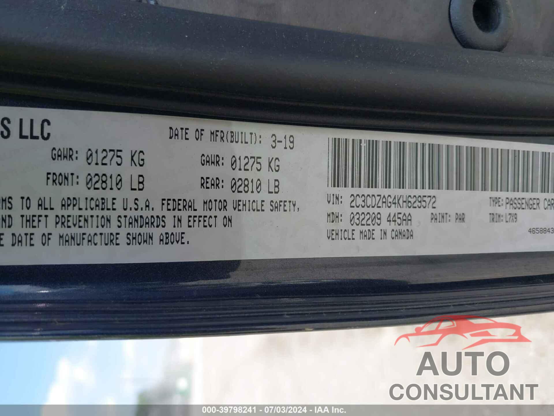 DODGE CHALLENGER 2019 - 2C3CDZAG4KH629572