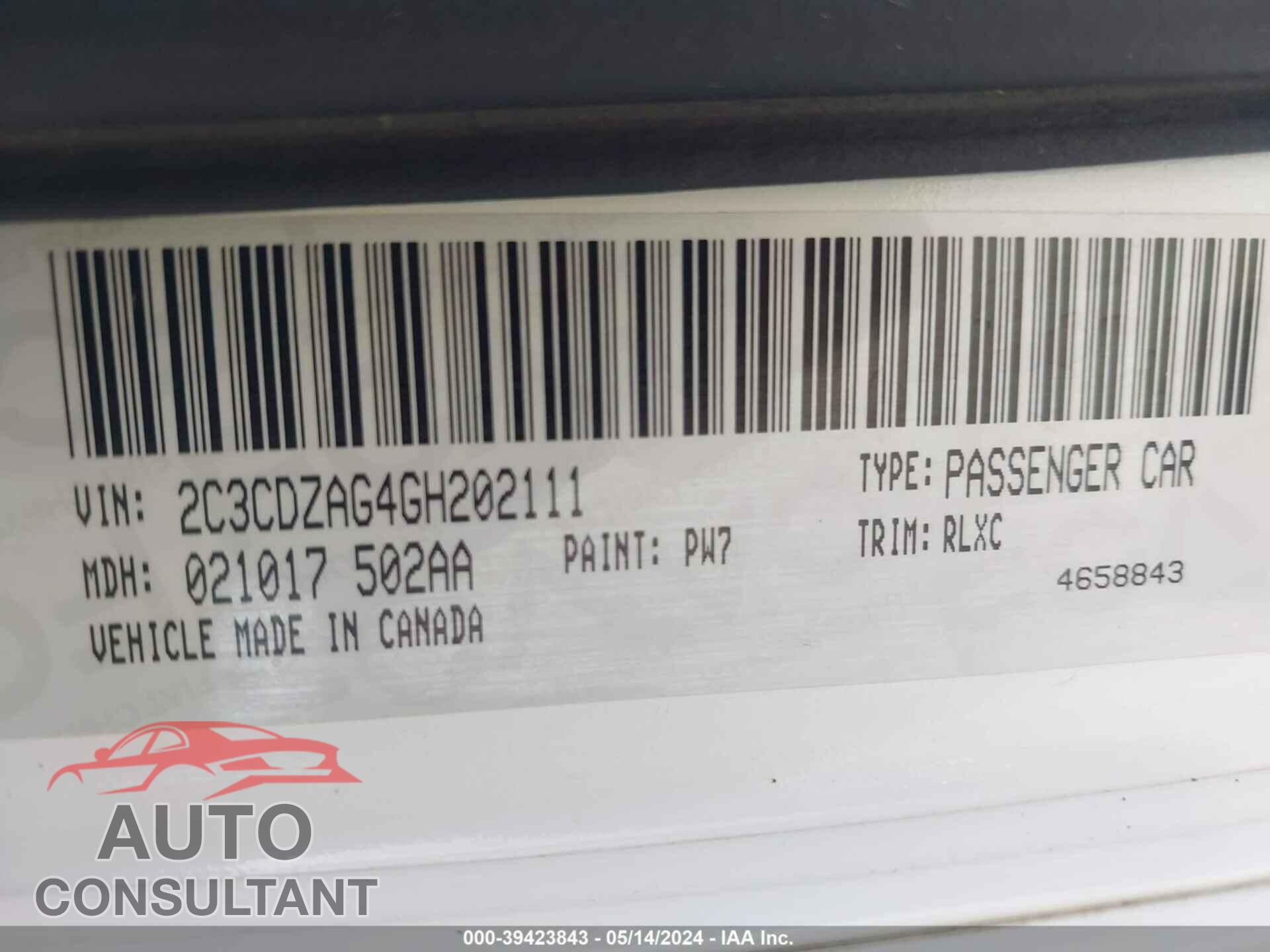 DODGE CHALLENGER 2016 - 2C3CDZAG4GH202111