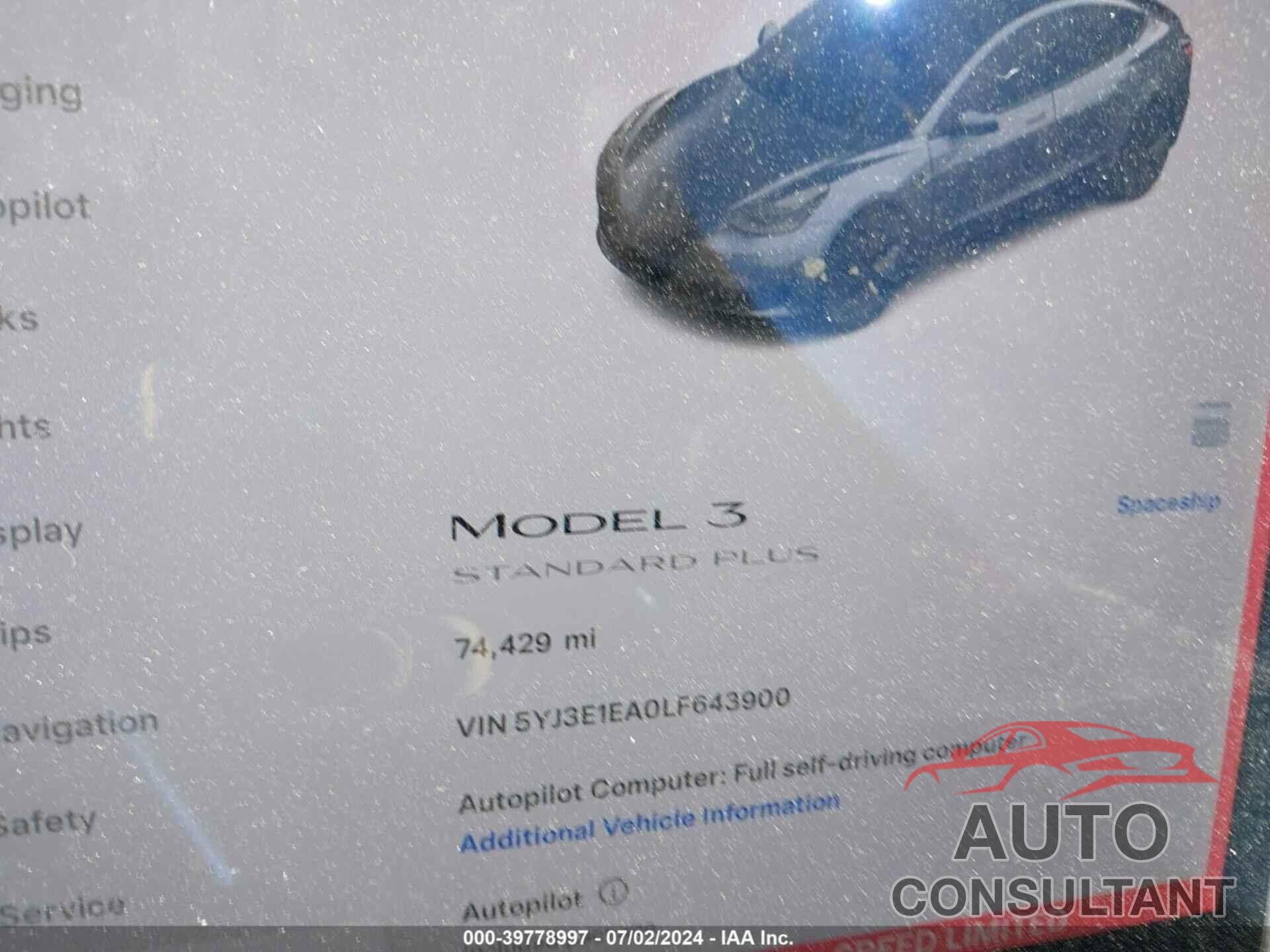 TESLA MODEL 3 2020 - 5YJ3E1EA0LF643900