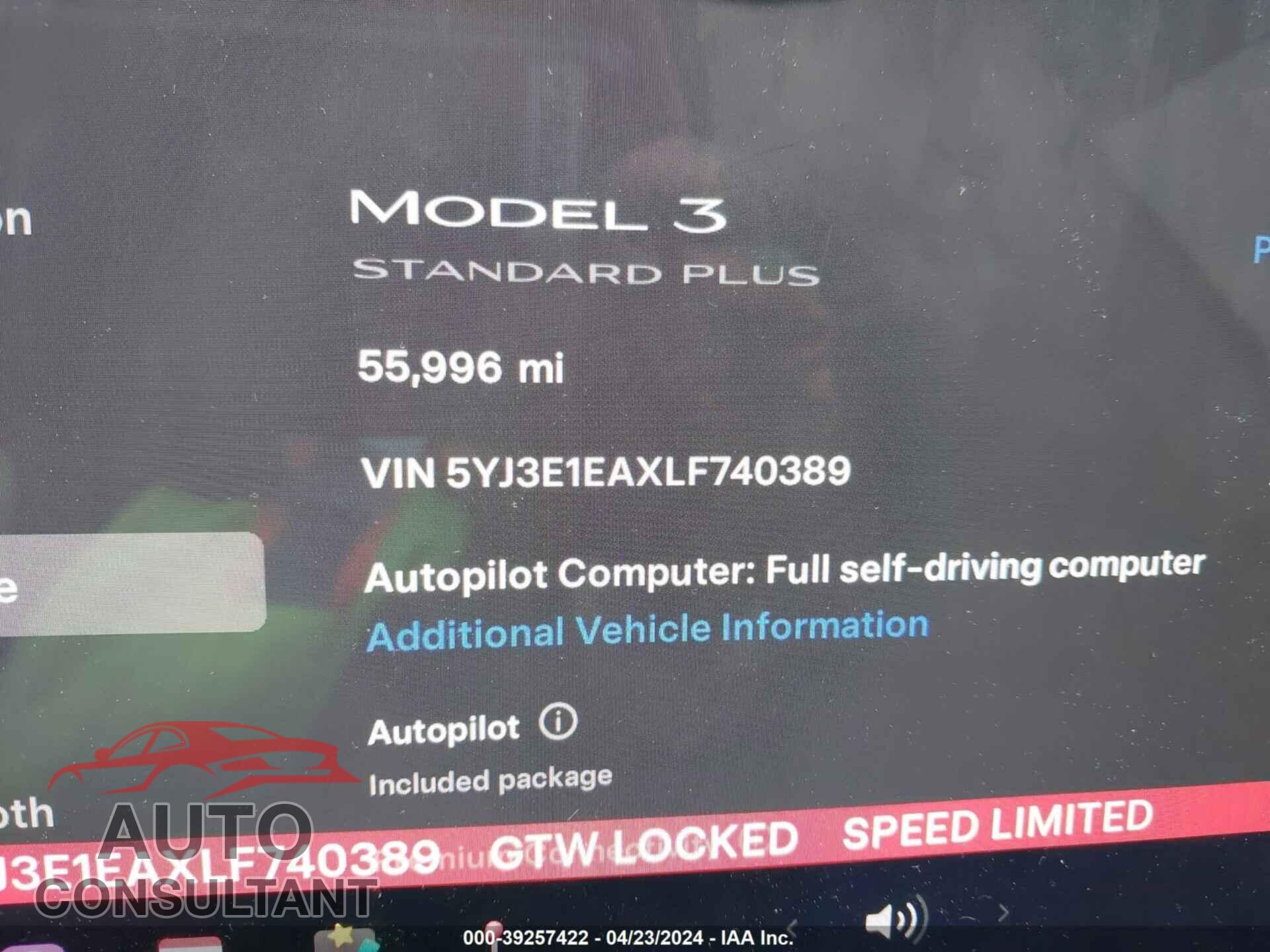TESLA MODEL 3 2020 - 5YJ3E1EAXLF740389