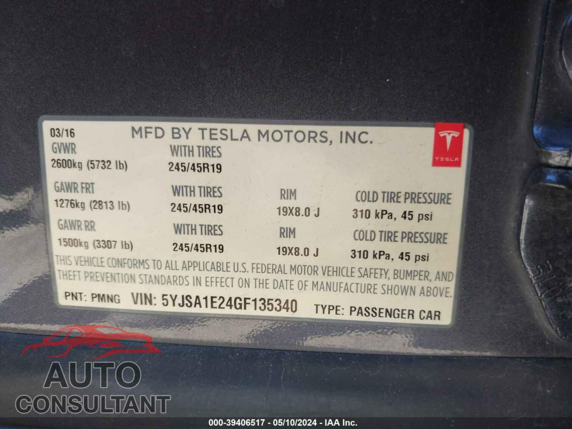 TESLA MODEL S 2016 - 5YJSA1E24GF135340