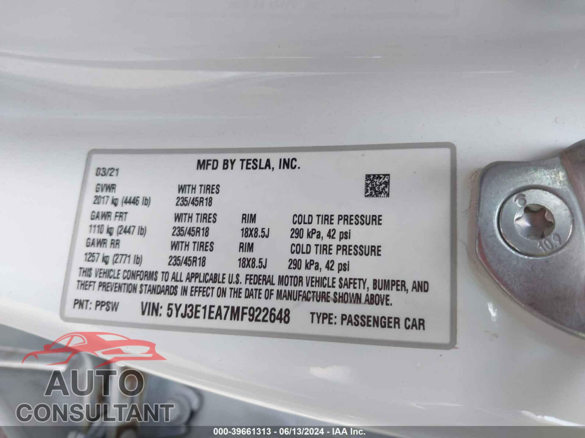 TESLA MODEL 3 2021 - 5YJ3E1EA7MF922648