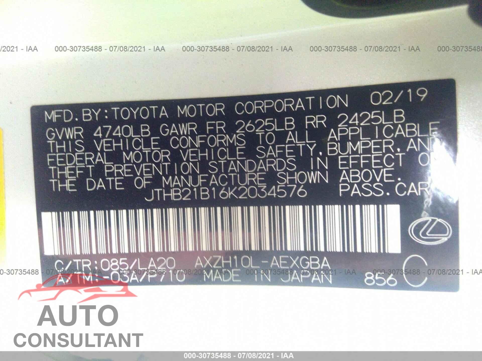 LEXUS ES 2019 - JTHB21B16K2034576