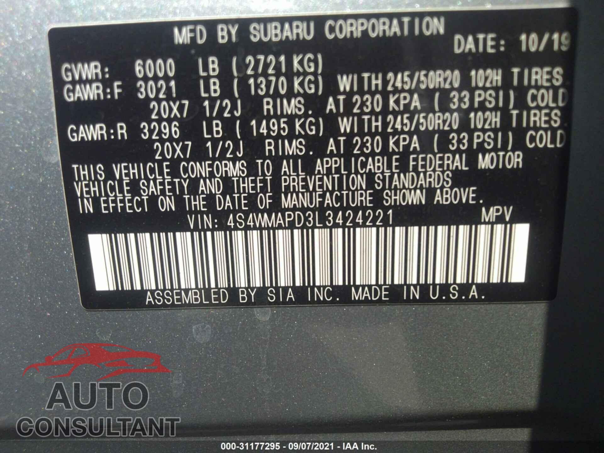 SUBARU ASCENT 2020 - 4S4WMAPD3L3424221