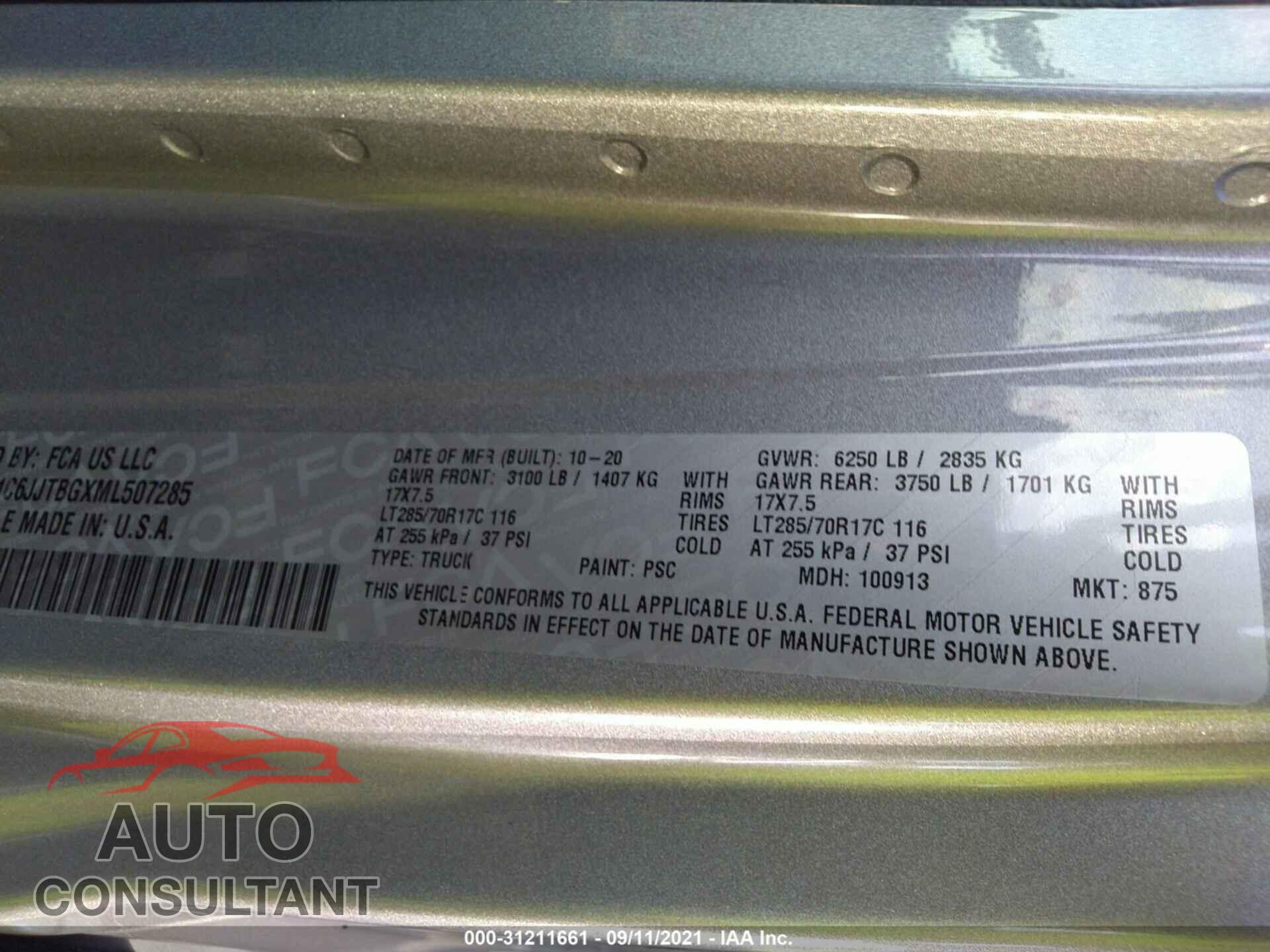JEEP GLADIATOR 2021 - 1C6JJTBGXML507285